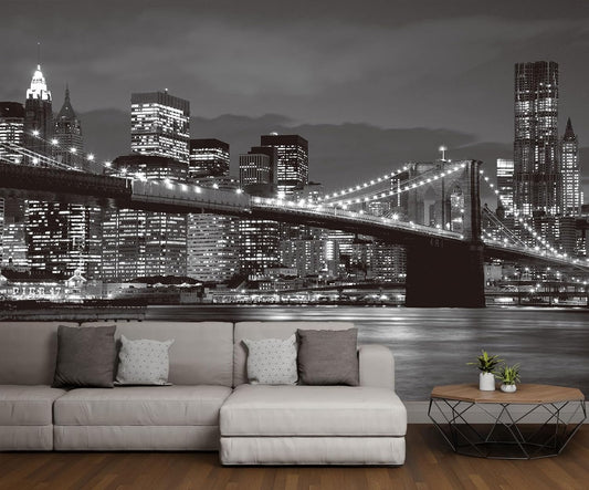 Grey City Wallpaper Brooklyn Bridge Nightscape Wall Mural for Living Room Bedroom Dining Room Office(Not Self-Adhesive)