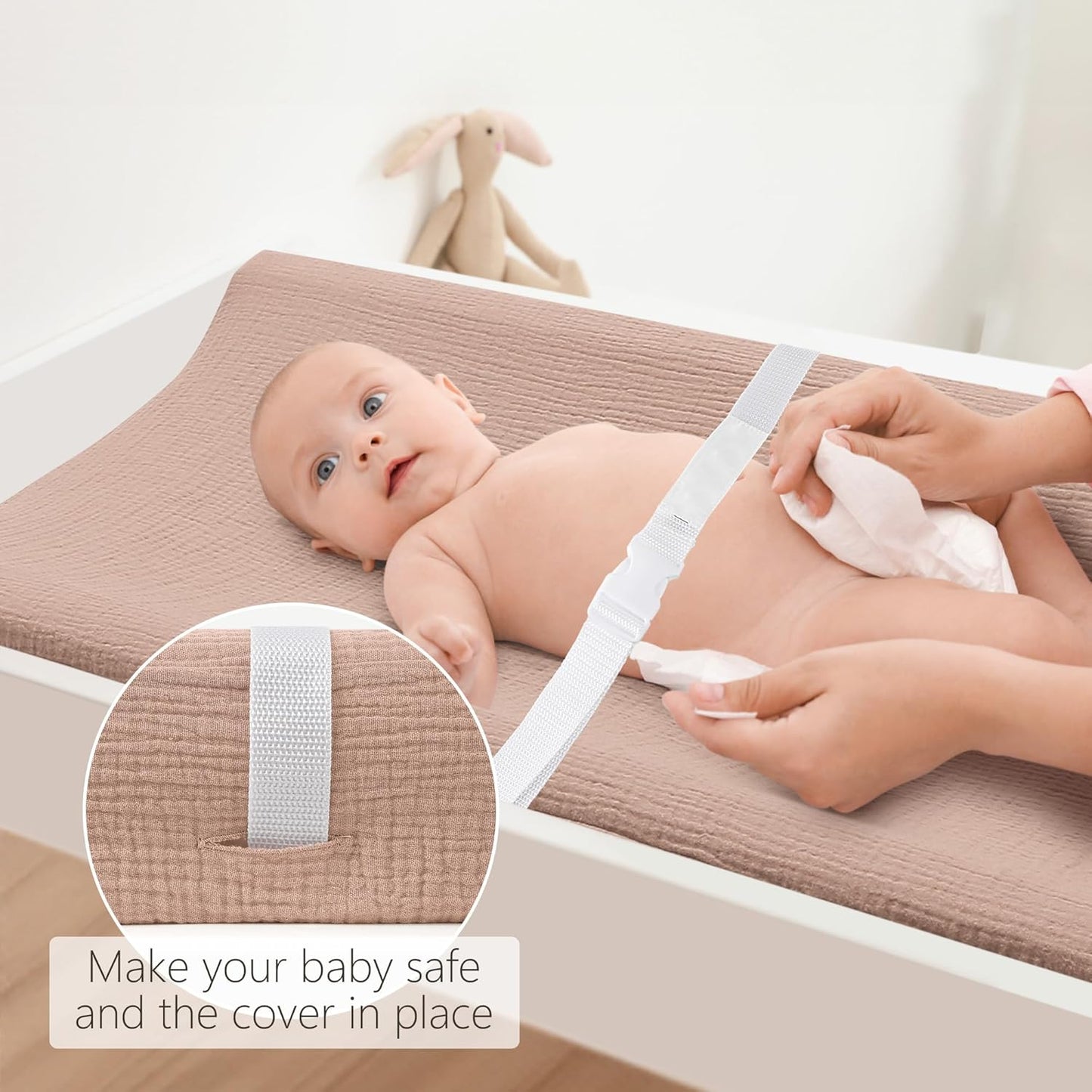 Bearmoss Changing Pad Cover, 2 Pack Muslin [100% Cotton] Diaper Changing Table Covers, 32'' x 16'' Soft Breathable Changing Pad Sheets for Unisex Baby Girls and Boys with Strap Holes (Peanut)