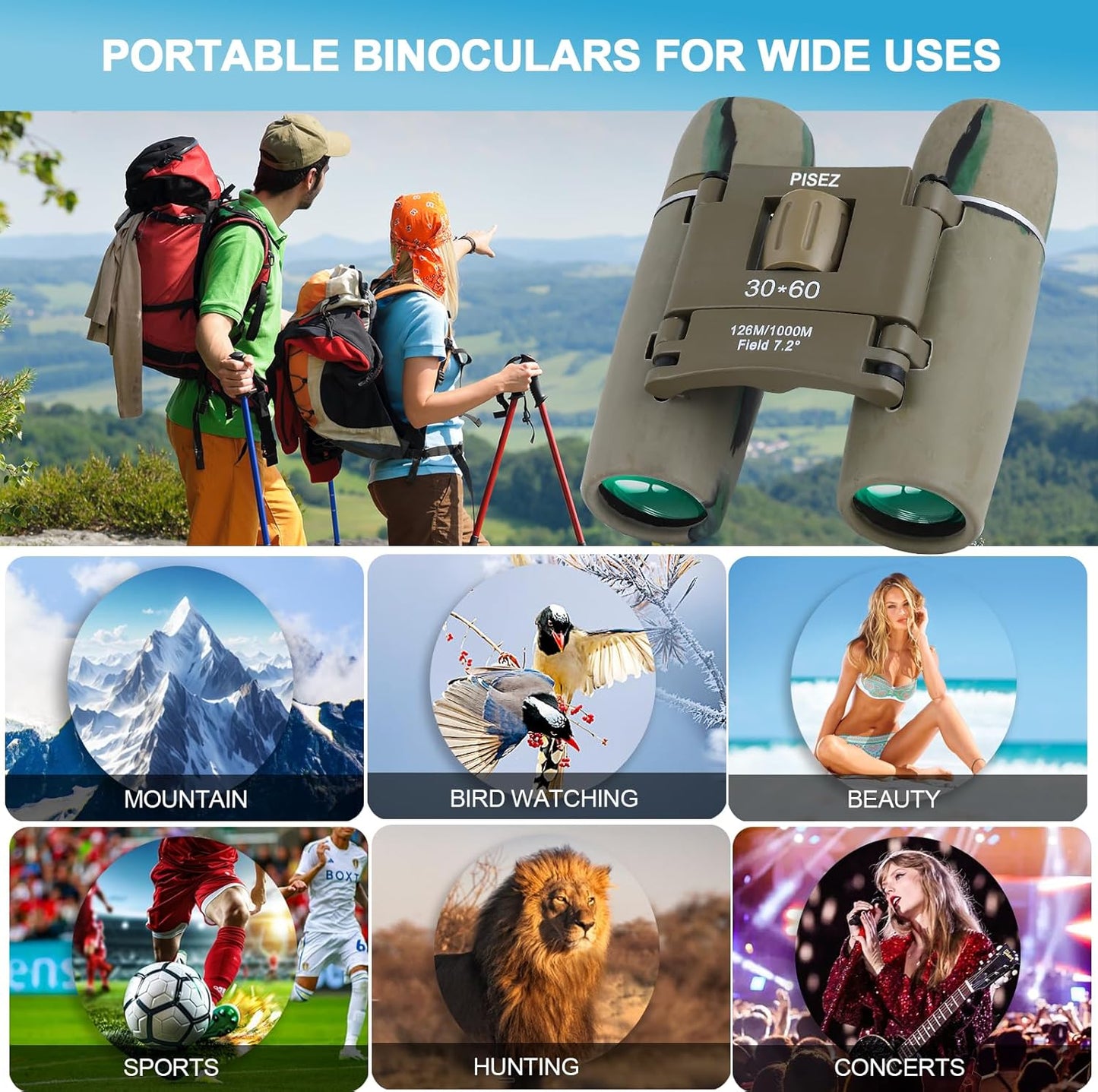 PISEZ 30X60 Compact Binoculars for Adults and Kids，Lightweight Foldable Easy Focus Small Binoculars for Bird Watching Hunting Concert Traveling Theater Opera Sightseeing