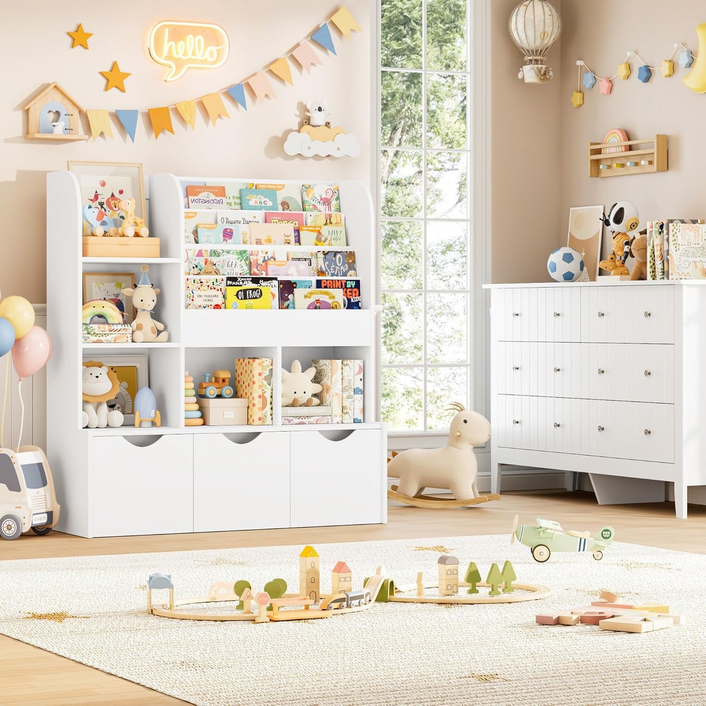 FOTOSOK 47'' Kids Bookcase and Bookshelf, Multifunctional Bookcase with 5 Storage Cubbies and 3 Movable Drawers, Toy Storager Display Stand, Toy Storage Organizer for Bedroom, Playroom, Hallway, White