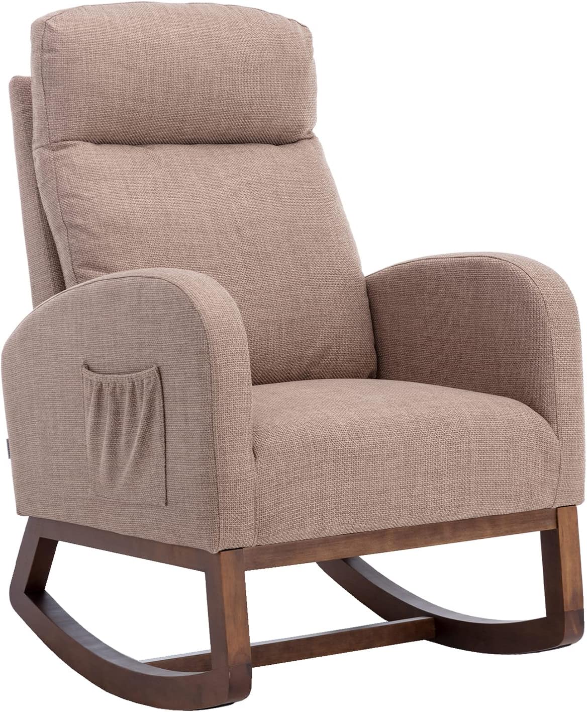 Dolonm Nursery Rocking Chair for Living Room, Upholstered Mid-Century Modern Nursery Rocking Armchair Tall Back Accent Glider Rocker, Camel