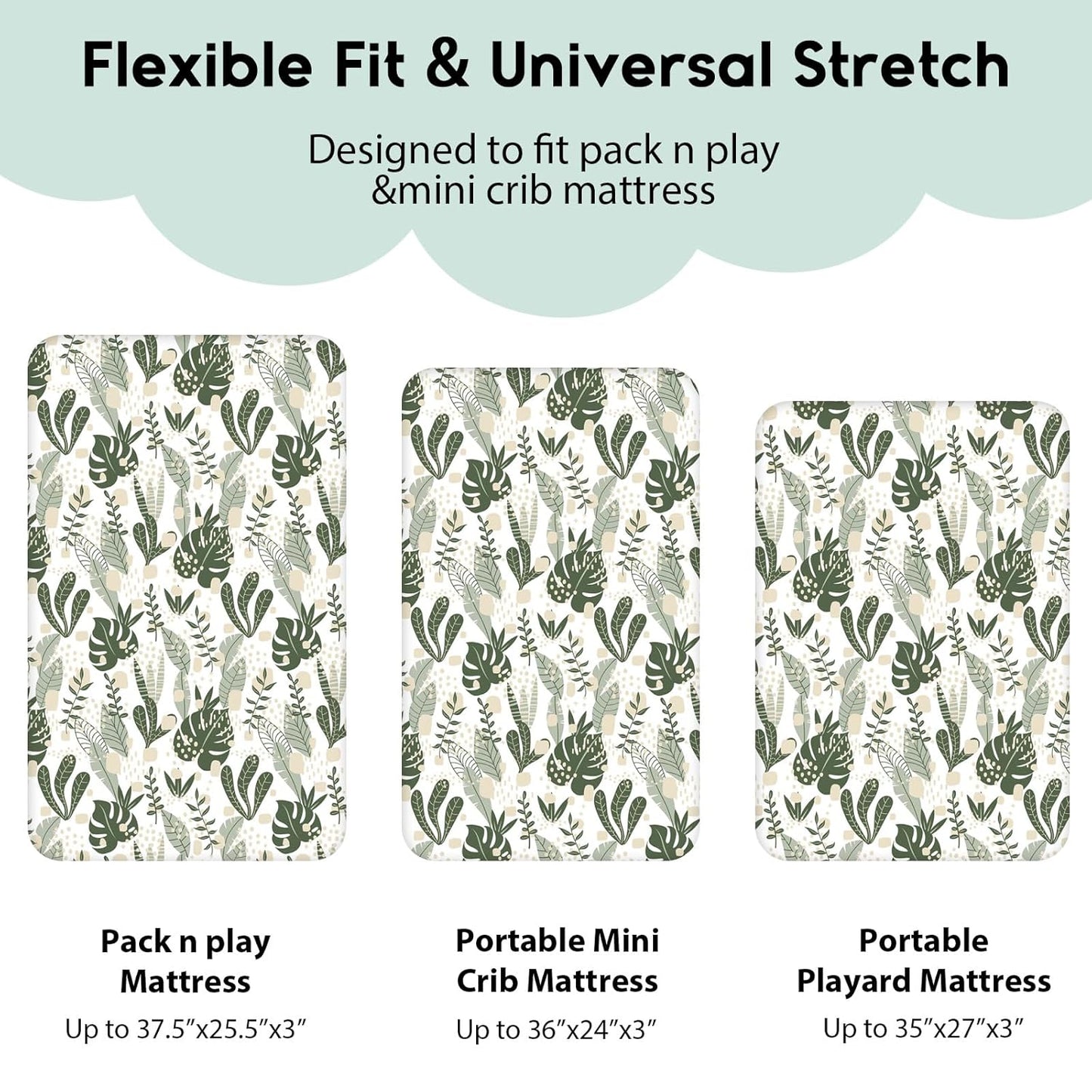 Yoofoss Pack and Play Sheets Fitted, Mini Crib Sheets 2-Pack for Pack N Play Mattress, Stretchy Playard Sheet, Soft and Breathable (Green + Banana Leaves)