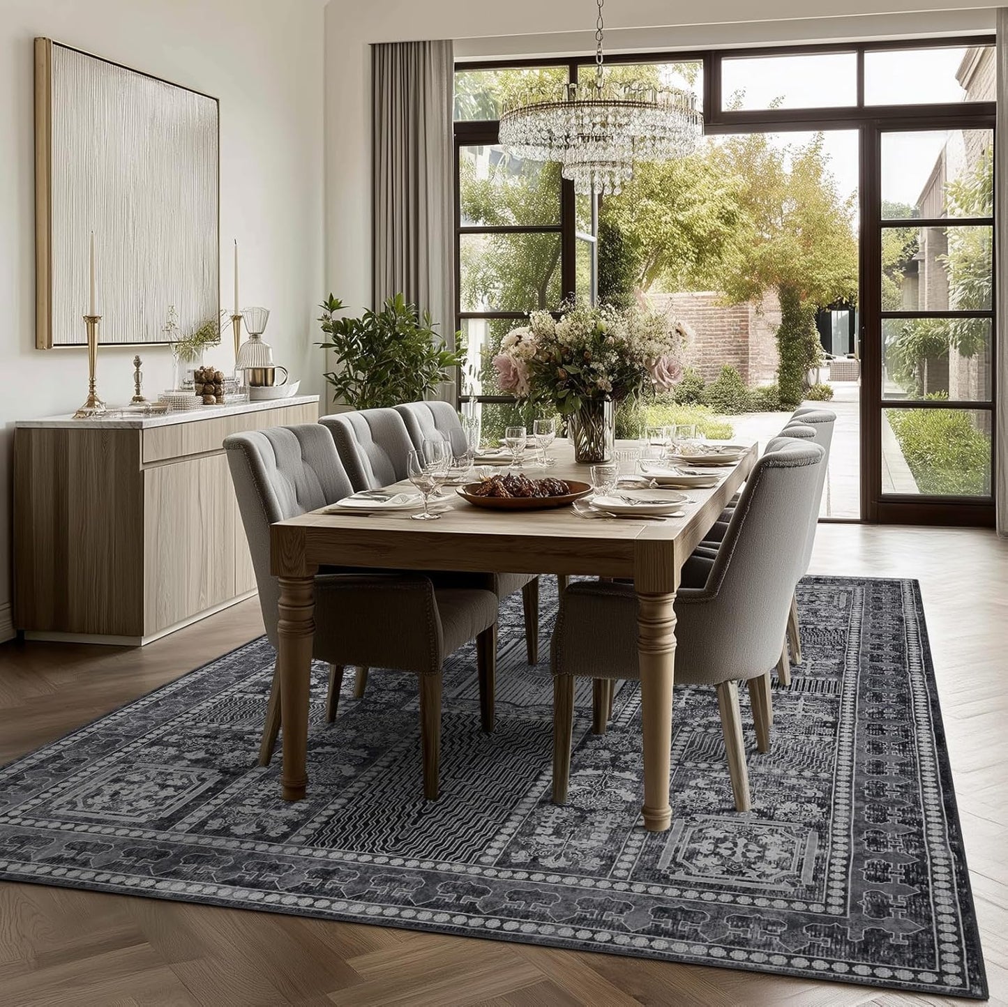 Washable 6x9 Area Rug for Living Room, Carpet for Bedroom Dining Room, Non Slip&Non-Shedding Resistant Low Pile Vintage Print Rug for Home Office (Grey)