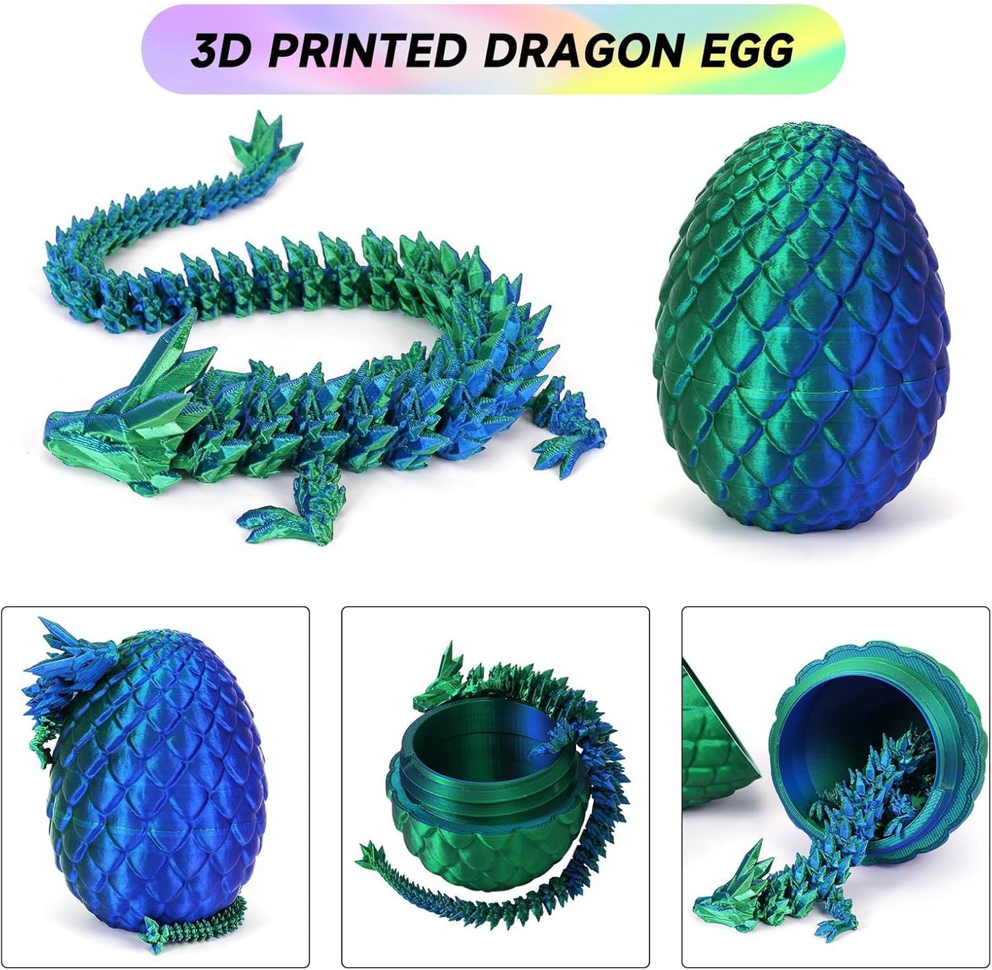 3D Printed Dragon Egg, Dragon Eggs with Dragon Inside, Crystal Articulated Dragon, Mystery Dragon Egg Fidget Toy, 3D Dragon Eggs Surprise Fidget Toy (Laser Green)