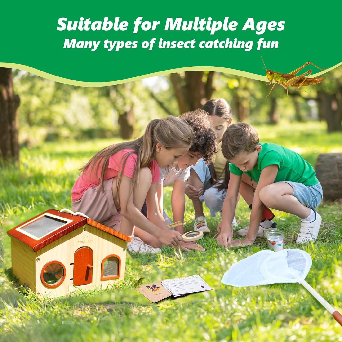 Kids Explorer Kit & Bug Catcher for Kids, Outdoor Toys with Large Portable Wooden Bug Habitat, Butterfly Net, Magnifier, Observation Cup, 15 Insect Cards for Toddler 3-8 Year Old Boy Gift
