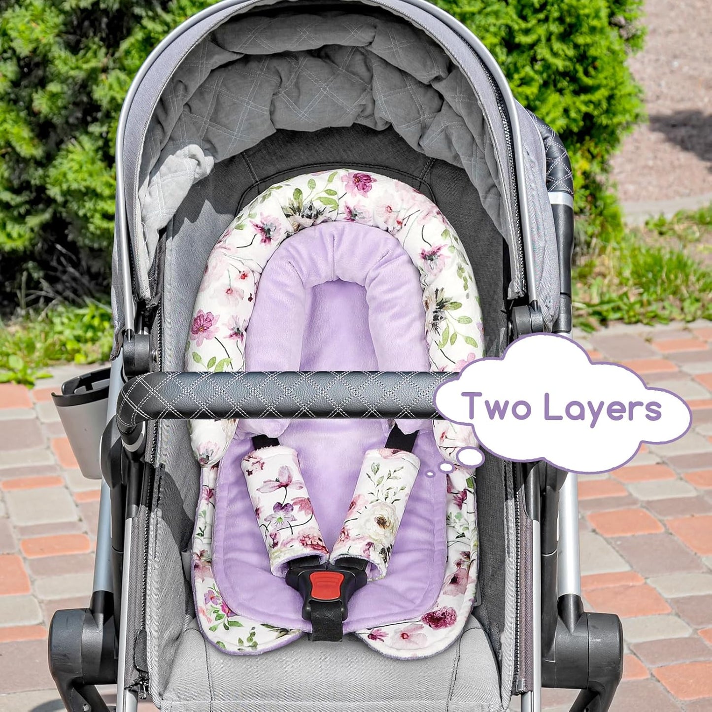 GFU Baby Car Seat Head Support for Newborn, 2 in 1 Infant Car Seat Head Body Support with Strap Pads, Soft Stroller Cushion Pillow Insert for Girls and Boys, Fits for Stroller, Swing, Purple Floral