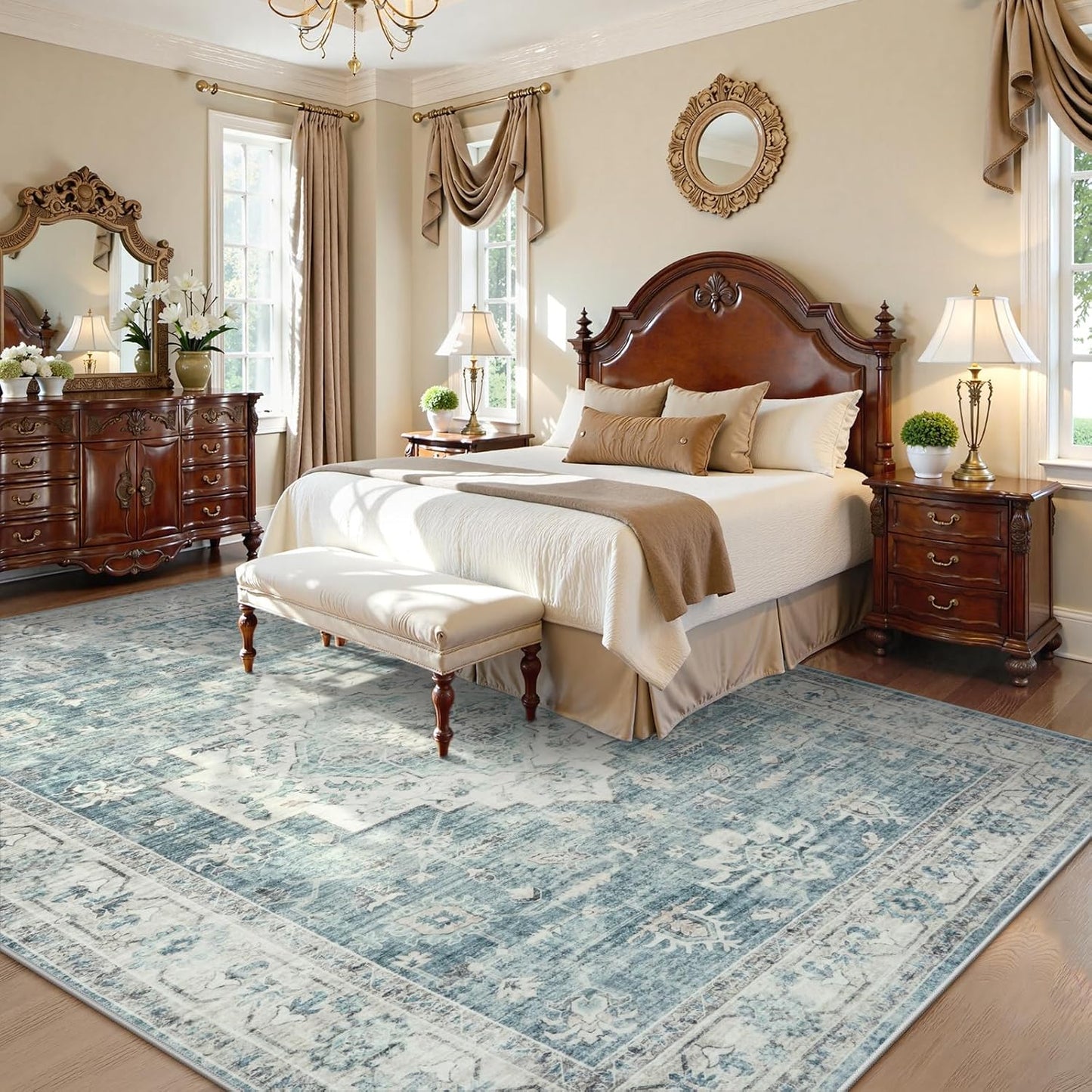 LIVEBOX Washable Area Rug 10x14 Rugs for Living Room Bedroom, Non-Slip Boho Indoor Carpet for Dining Room Office, Low-Pile Farmhouse Soft Carpets for Kids Nursery Room Playroom, Blue