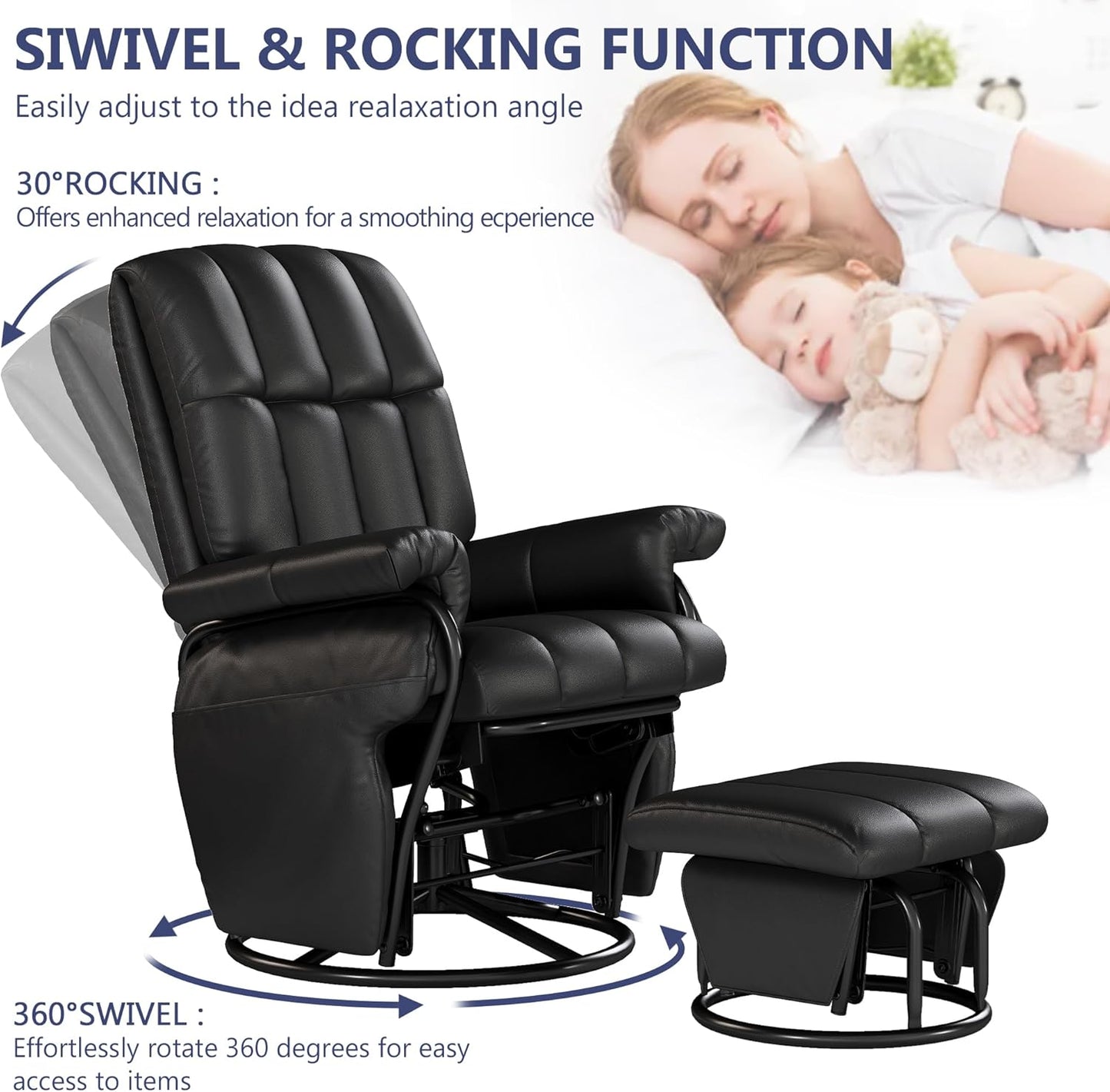 AODAILIHB Swivel Glider Recliner with Ottoman, 360 Rocking Chair with Foot Rest Recliner Chair Indoor Rocking Chair with Side Pockets Nursery Chairs for Living Room, Bedroom, Office (Black)