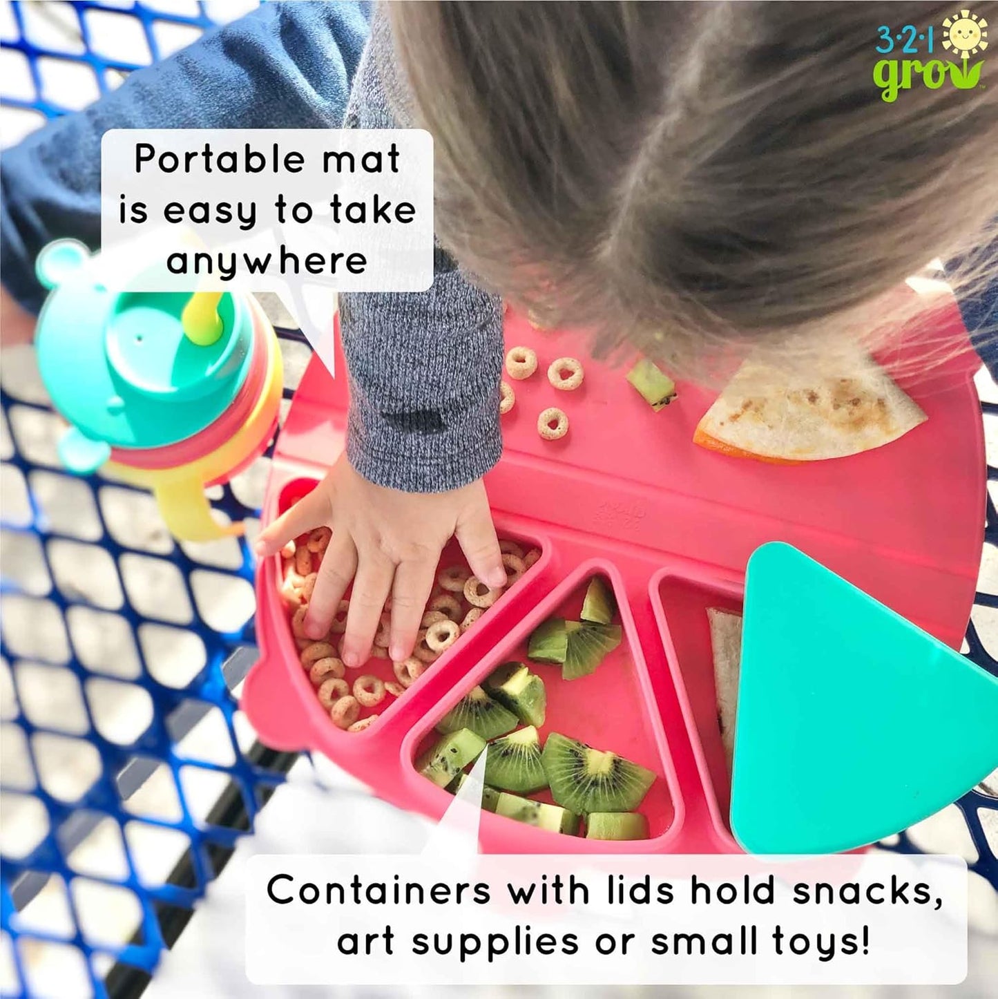 On-The-Go Snack Mat – Baby Silicone Travel Dining Placemat – Portable Silicone Toddler Plate – Reusable Snack Container with 3 Compartments and Lids for 6 Months + (Watermelon)