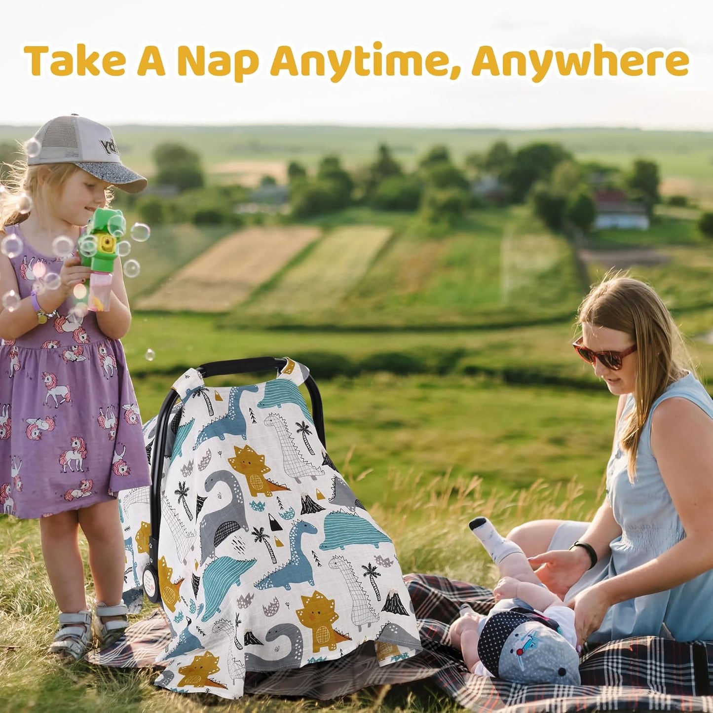 Rquite Dinosaurs Carseat Cover - Muslin Cotton Infant Car Seat Canopy, Breathable Baby Carrier Cover, Summer Stroller Sun Shade