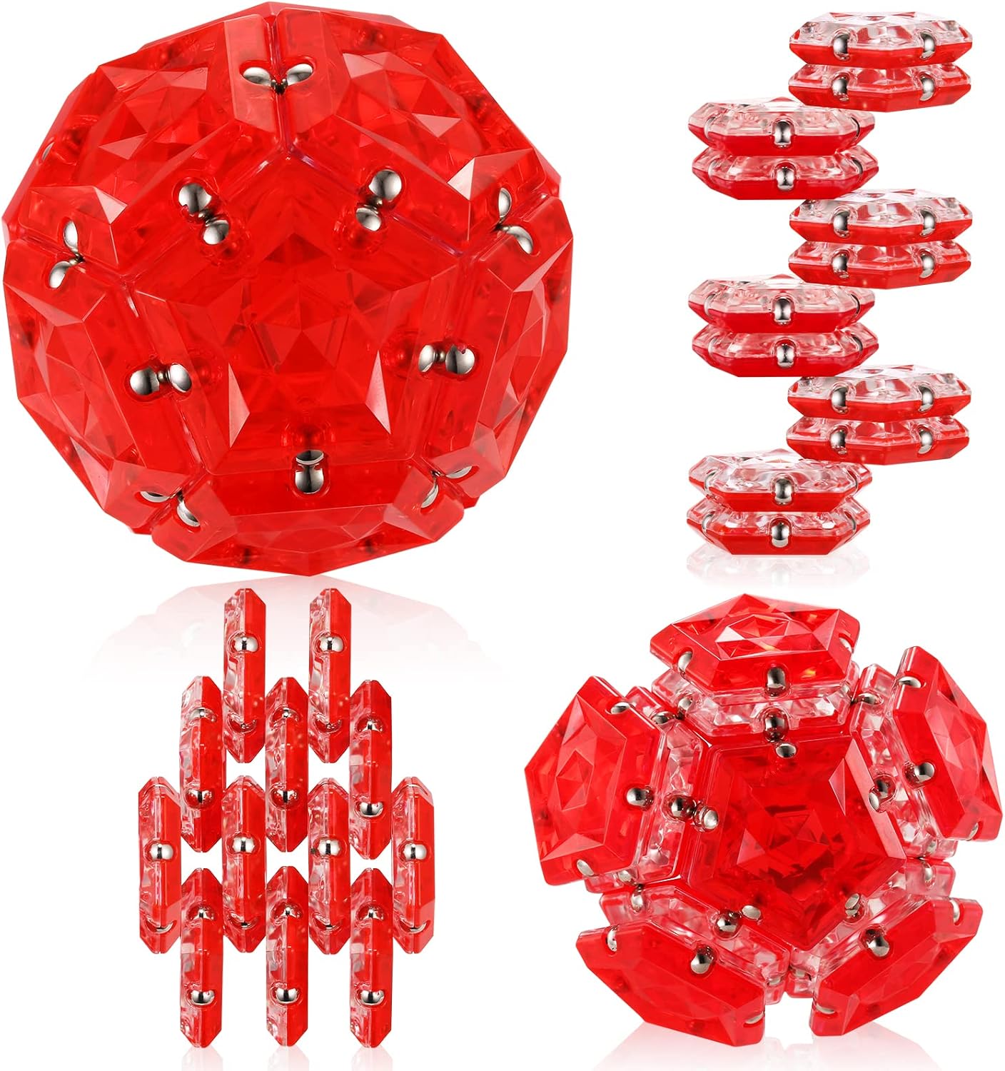 RoomyRoc Magnetic Fidget Sphere - Pentagons Magnets Balls - 12 Piece Set - Crystal Red - Magnet Fidgets Toy - Creativity Beyond Imagination, Inspirational, Recreational, Desk Toys for Adults