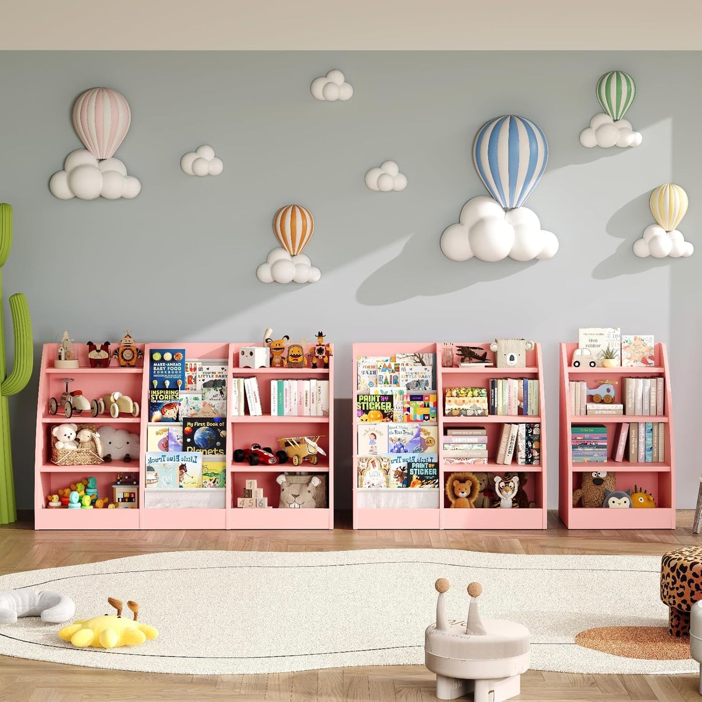 4 Tier Kids Bookshelf Set of 2,4 Layer Sling Kids Book Shelf for Kids Rooms,Wood Children Bookcase,Baby Storage Book Rack,Toddler Bookshelf, Book and Toy Organizer,Book Display Shelf for Nursery