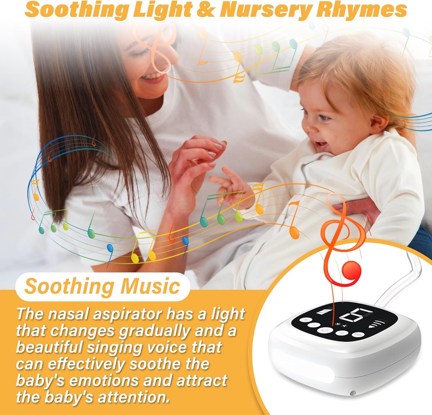 TopQuaFocus Electric Baby Nasal Aspirator, Nose Sucker for Toddler, 9 Levels Suction Power for Children's Nasal Cleans, Soothing Night Light and Nursery Rhyme, 5 Silicone Tips