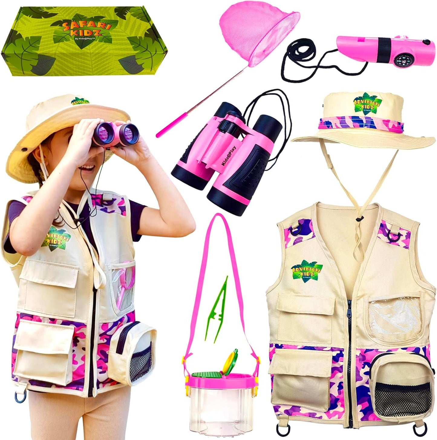 Bug Hunting Kit, Pink Safari Vest, Hat, Binoculars, Lg. Butterfly Net, Bug Container, Whistle, Flashlight, Magnifier, Thermostat, Compass, Age 3+