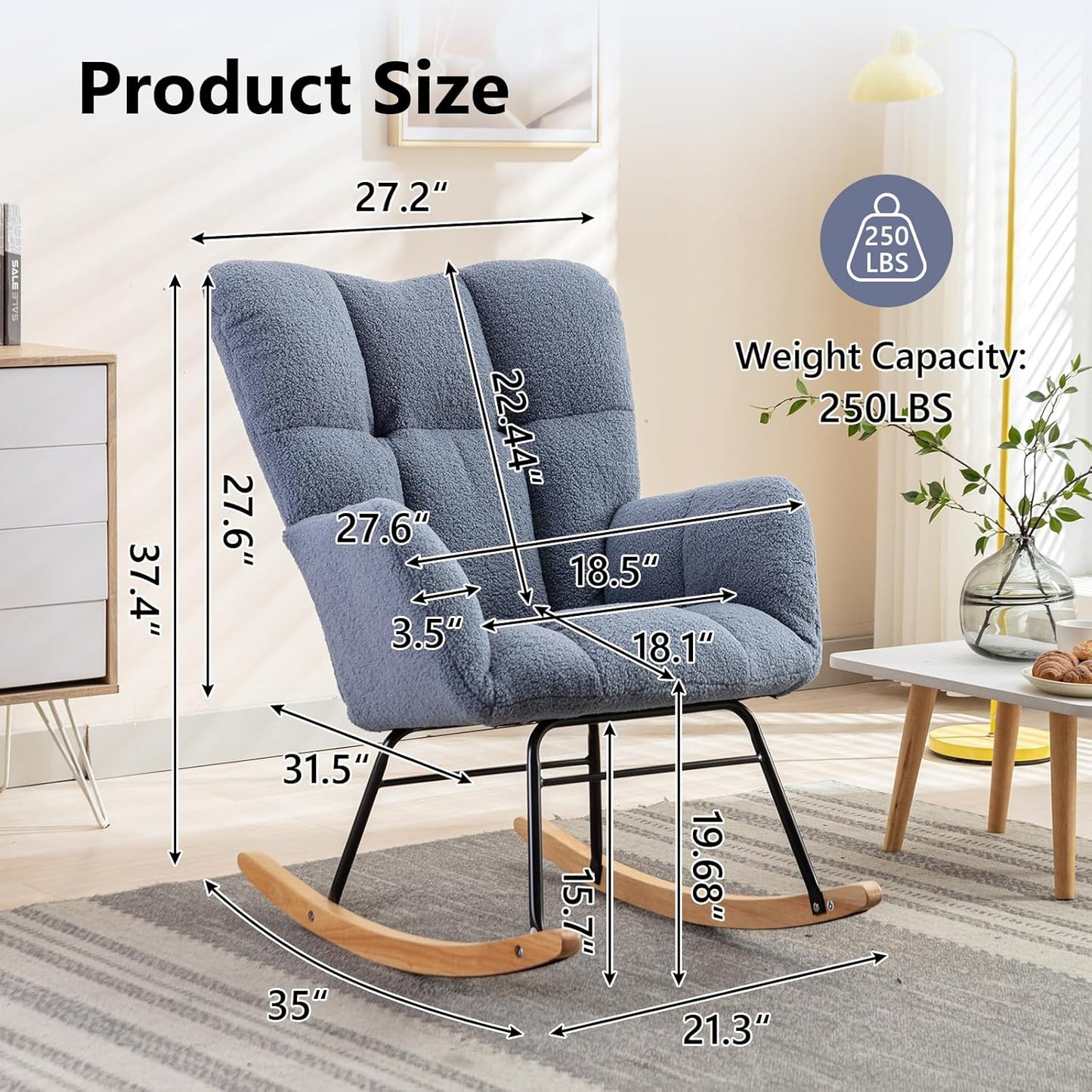 NIOIIKIT Nursery Rocking Chair Teddy Upholstered Glider Rocker Rocking Accent Chair Padded Seat with High Backrest Armchair Comfy Side Chair for Living Room Bedroom Offices (Light Blue)