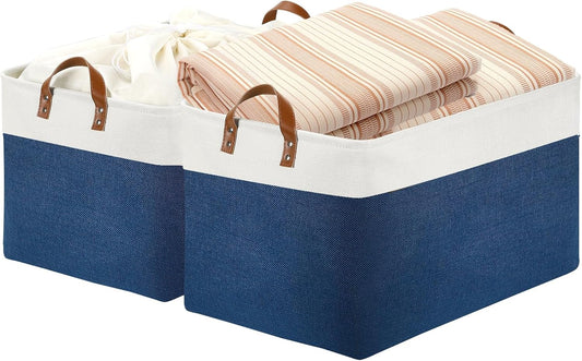 DULLEMELO 2-Pack Extra Large Blanket Basket Fabric Storage Baskets with Handles, Canvas Storage Baskets for Organizing Shelves Closet Toys Books, 22 x 15 x 13 inches(White&Blue)