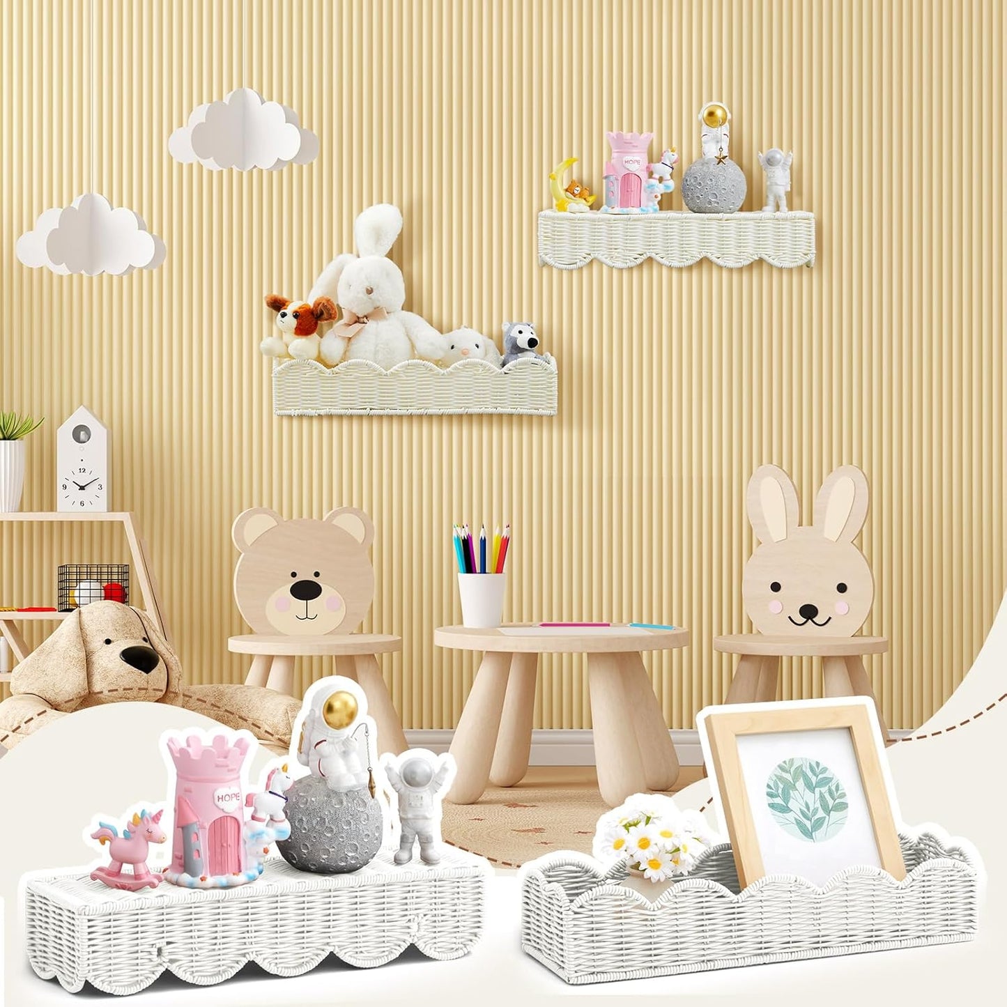 Pinkunn 3 Set Nursery Book Shelves Scalloped Rattan Wall Shelf 15.8 x 3.2 Inch Wall Mounted Plastic Floating Book Shelve, Hanging Boho Wicker Woven Shelf for Nursery Decor and Storage (Classic White)