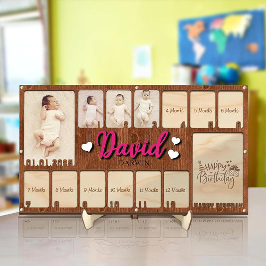 Personalized My First Year Photo Frame | 12 Months Picture Frame For Baby First Year | Displays Two 4x6 Photo and Twelve 2x3 Pictures | Birthday Party Decor Newborn Memory Keepsake, Style MP5