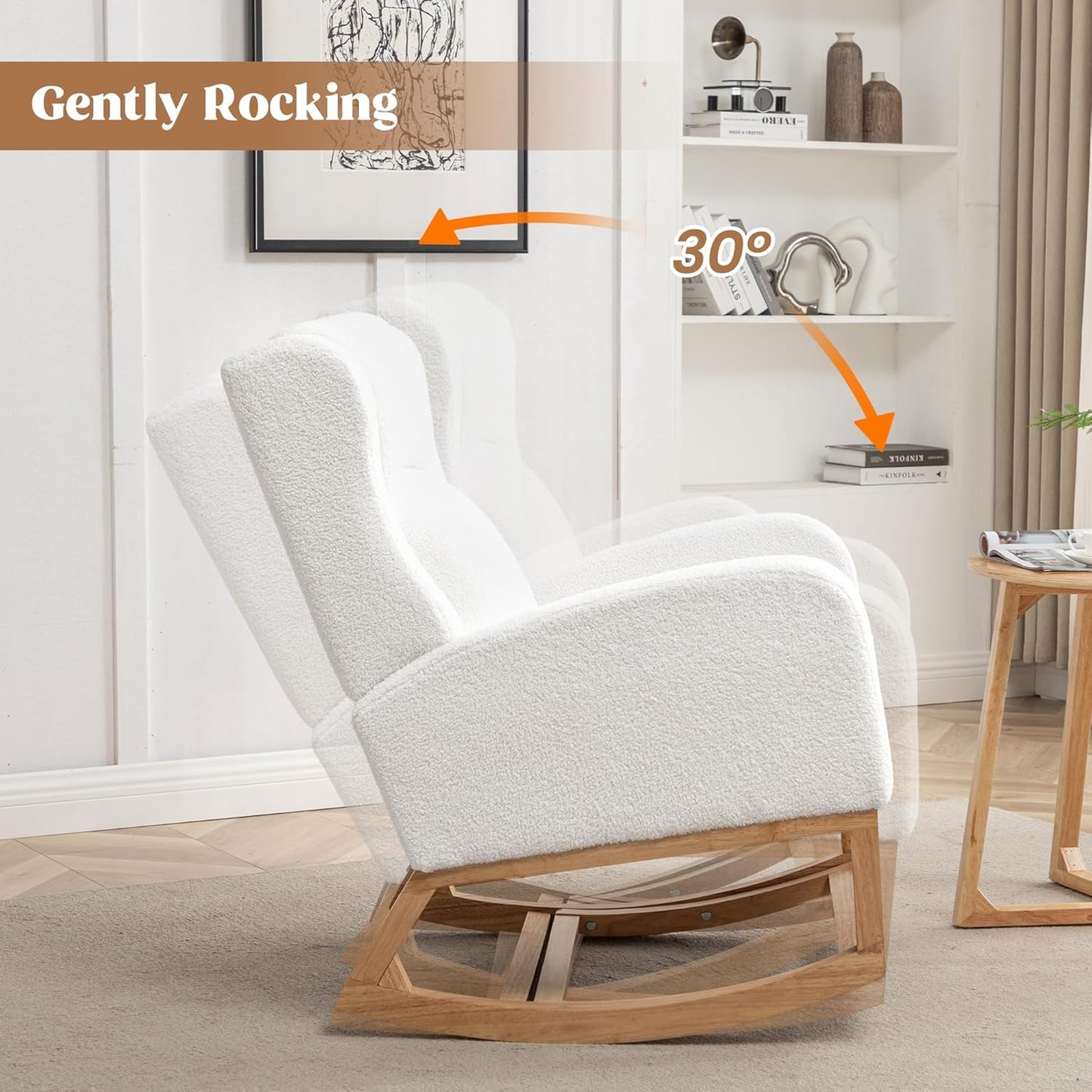 Rocking Chair Nursery, Nursing Rocking Chairs for Mom Nursery, Comfy Wingback Glider Rocking Armchair with Foot Rest and Side Pocket for Nursery Living Room Bedroom, Teddy White