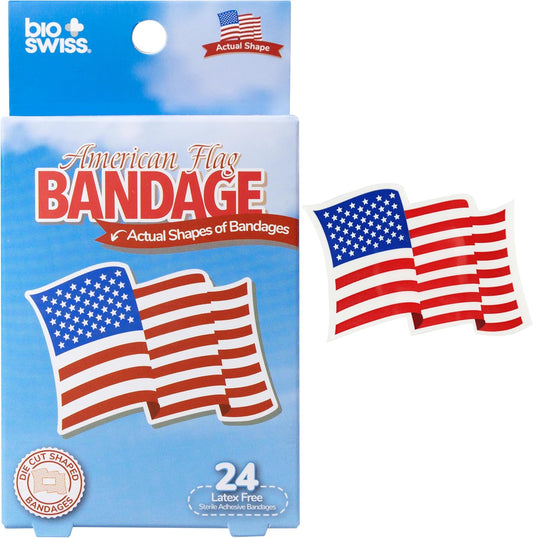 BioSwiss Bandages, American Flag Shaped Self Adhesive Bandage, Latex Free Wound Care, Fun First Aid Kit Supplies for Kids and Adults, 24 Count