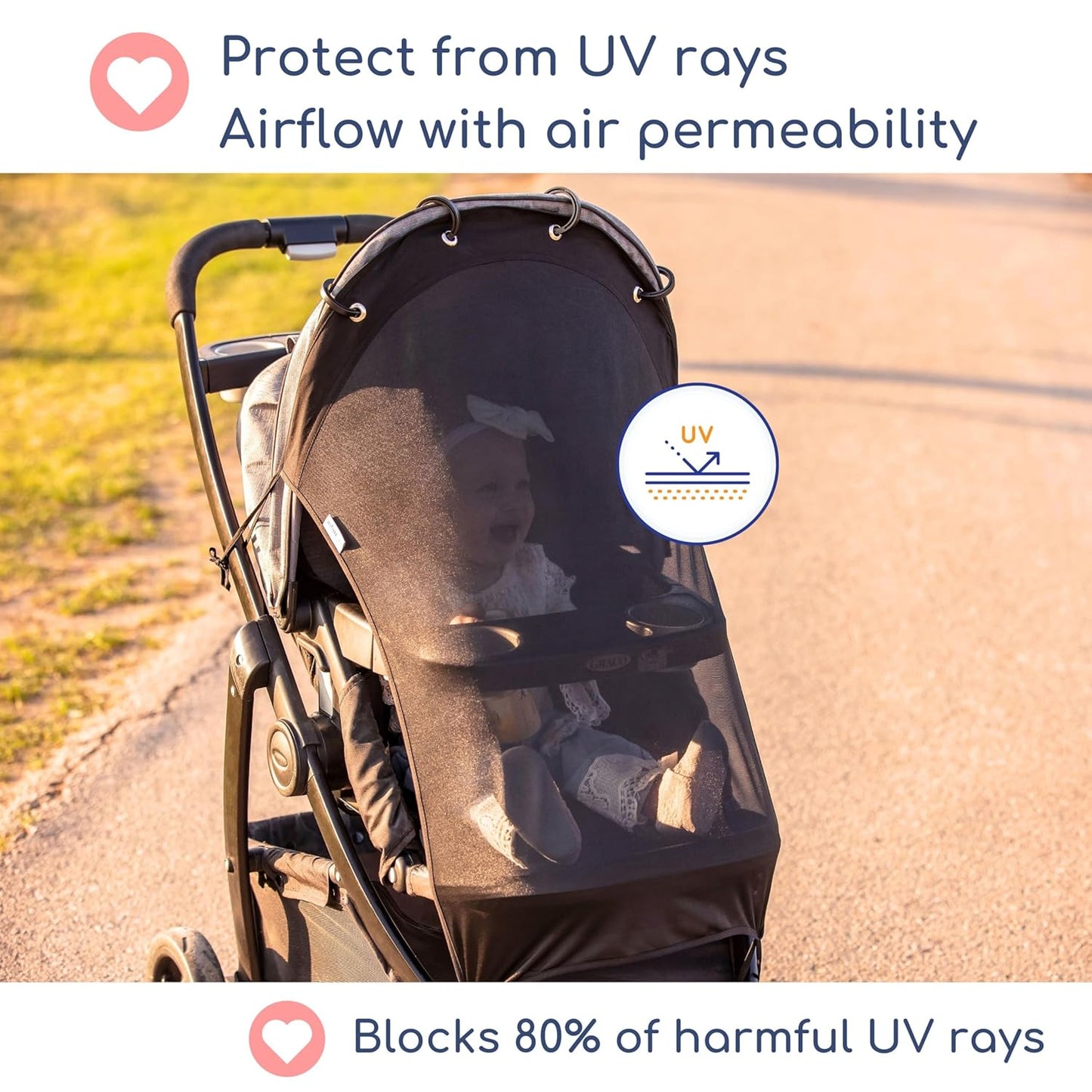 Stroller Sun Shade - Universal UV Protection Cover for Strollers Sunshade with See Through, Clip-On Sun Blocker, Sun Shield for Baby, Breathable Adjustable Fit, Full Coverage, L Black
