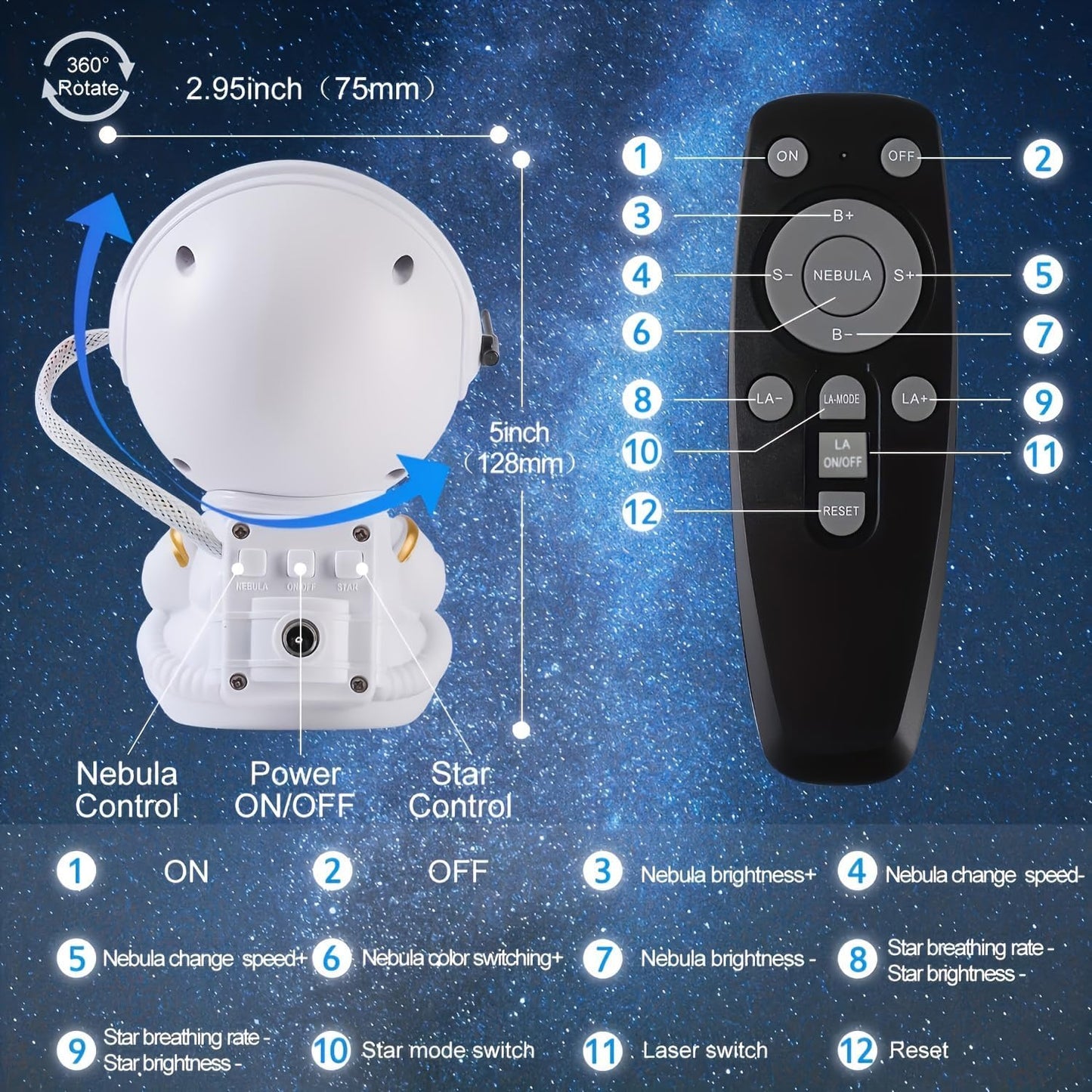 Astronaut Star Projector, Star Projector Galaxy Light for Kids，8 Modes Remote and 270° Adjustable Led Lights for Bedroom, Girls Room Decoration, Home Theater, Ceiling, Timer (White Guitar)