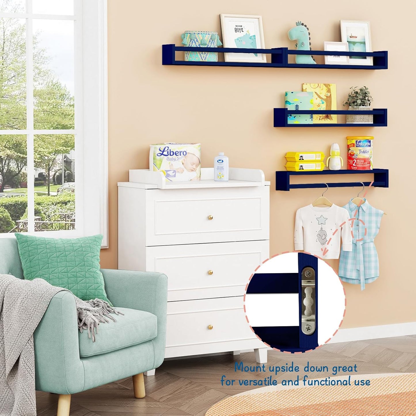 Forbena Wall Book Shelf Organizer for Kids Room Set of 4, Large Floating Book Shelves for Boy Nursery Wall Deocr, 24 Inches Wall Mount Bookshelf for Toddler Child Teen Boys Bedroom (Navy Blue)