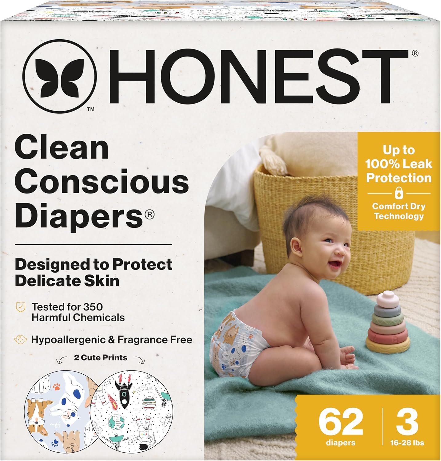 The Honest Company Clean Conscious Diapers for Delicate Skin | Up to 100% Leakproof | Hypoallergenic, Fragrance Free | Gender Neutral | Club Box, Size 3 (16-28 lbs), 62 Count (Prints May Vary)