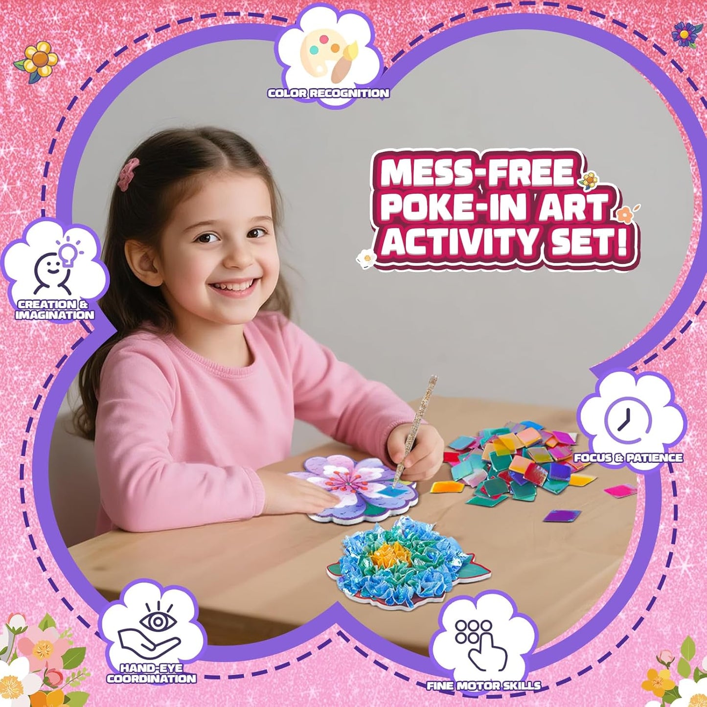 Flower Bouquet Art Craft Kit, Poke DIY Creative Activity Kit with with 6 Flowers & 6 Light Strings, Mess-Free Fun for Girls & Boys, Fun & Educational Kids Craft Gift for Girls Boys Ages 4, 5, 6, 7, 8+