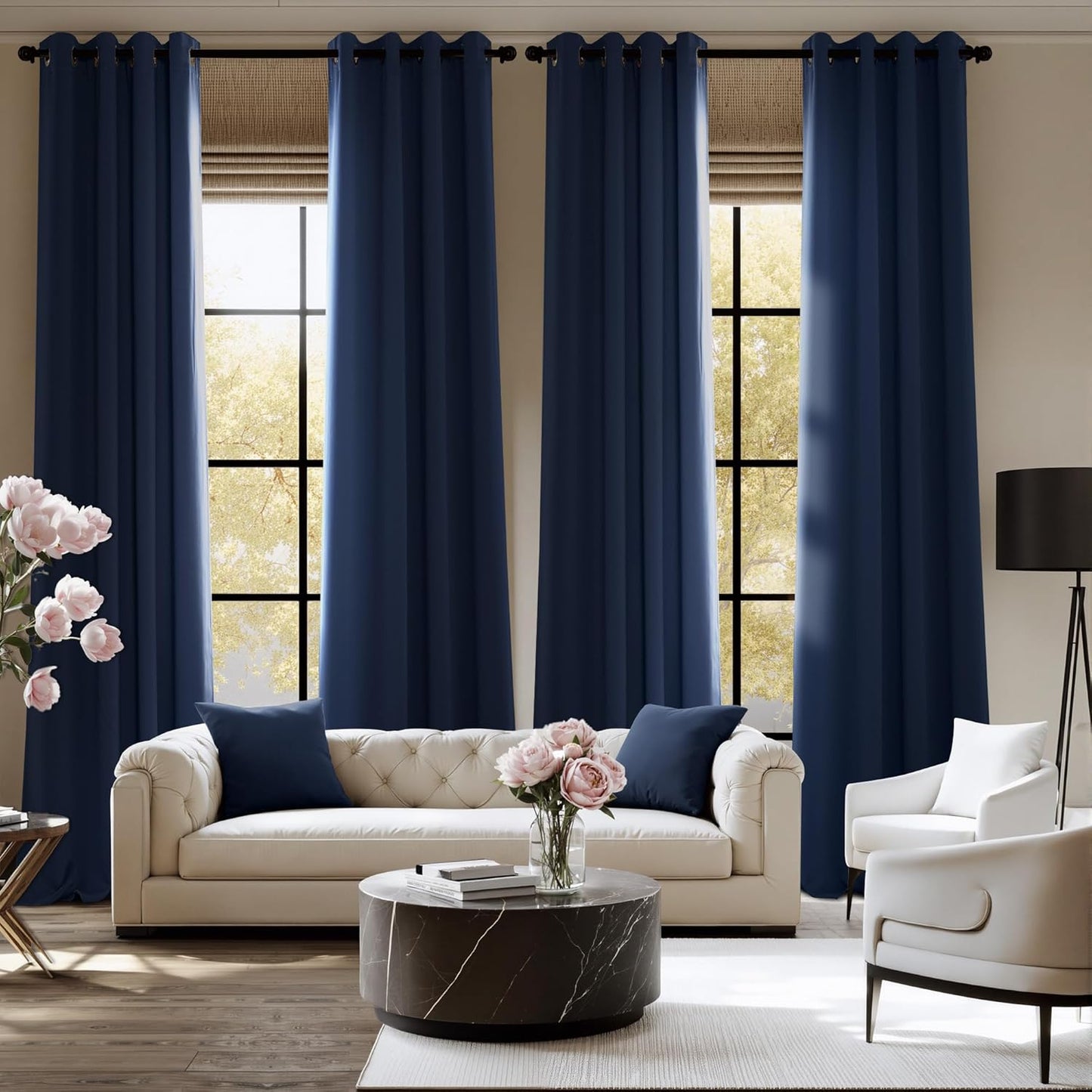 NICETOWN Navy Blue Blackout Curtains 90 inch Long, Thermal Insulated Grommet Privacy Energy Saving Shades for Bedroom, Living Room, Bathroom, Laundry, Patio, Closet, 2 Panels, W52 x L90