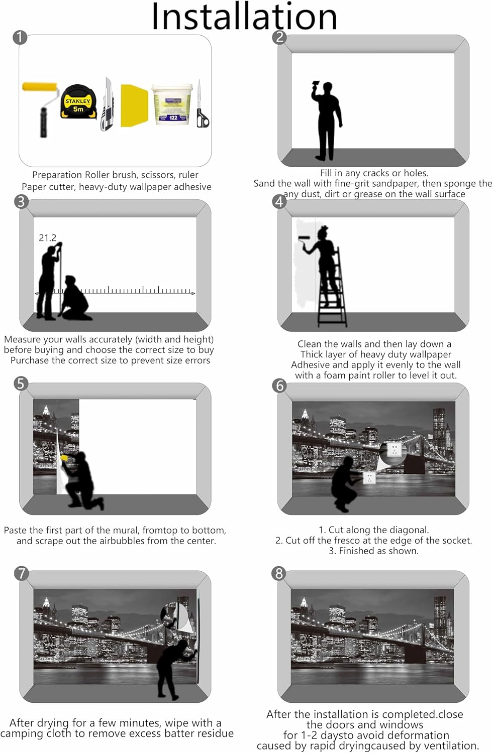 Grey City Wallpaper Brooklyn Bridge Nightscape Wall Mural for Living Room Bedroom Dining Room Office(Not Self-Adhesive)