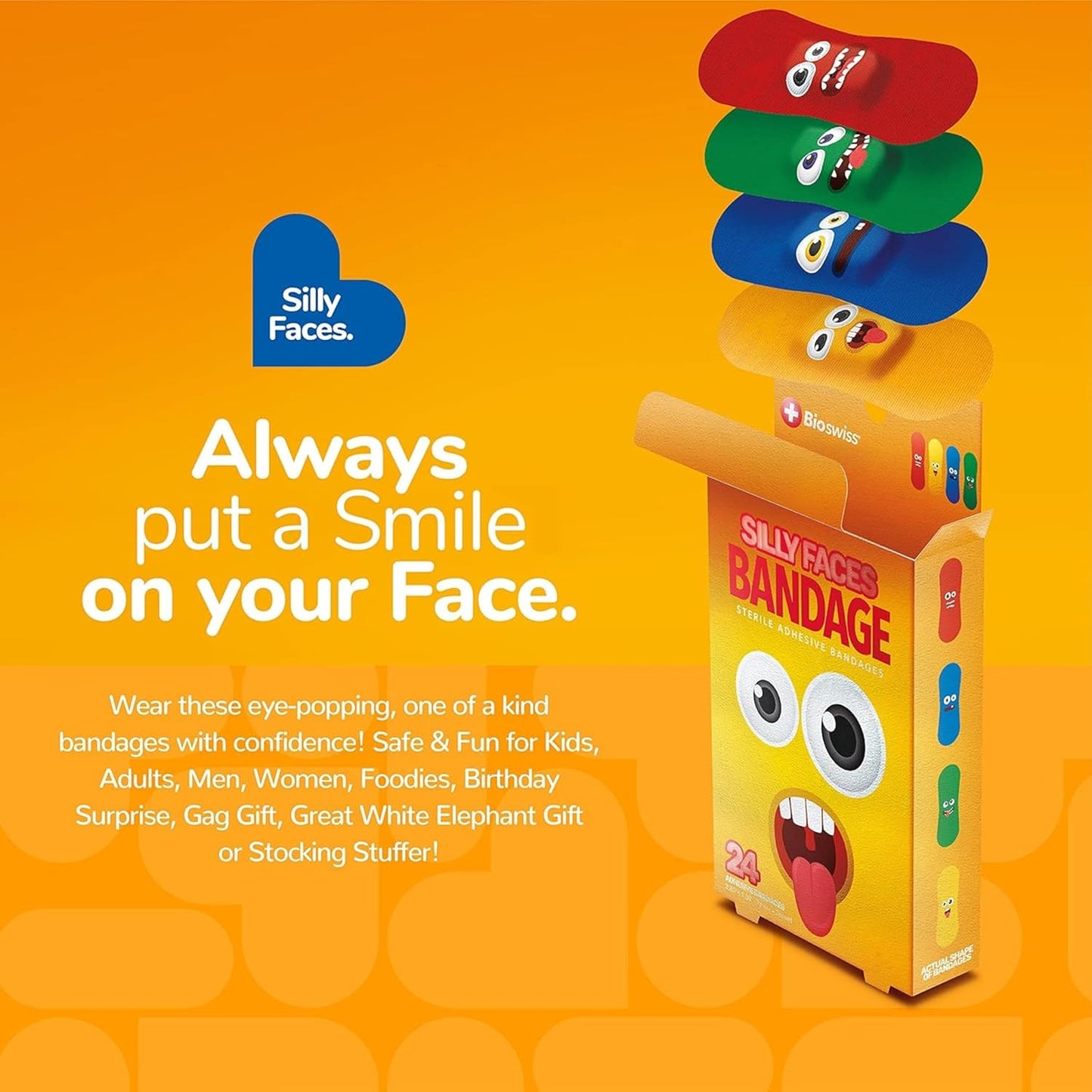 BioSwiss Bandages, Silly Faces Self Adhesive Bandage, Googly Eyes Latex Free Sterile Wound Care, Standard Shape for Kids and Adults, 24 Count