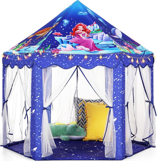 Monobeach Mermaid Princess Tent Girls Blue Large Playhouse Kids Castle Play Tent with Star Lights Gift Toy for Children Indoor and Outdoor Games