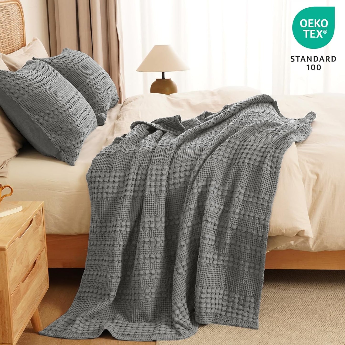 PHF 100% Cotton Waffle Weave Throw Blanket, Soft Lightweight Breathable Cozy Summer Throws for Couch Bed Sofa, Luxury Aesthetic Woven Blanket for Home Decor & Office, 50"x60", Dark Grey