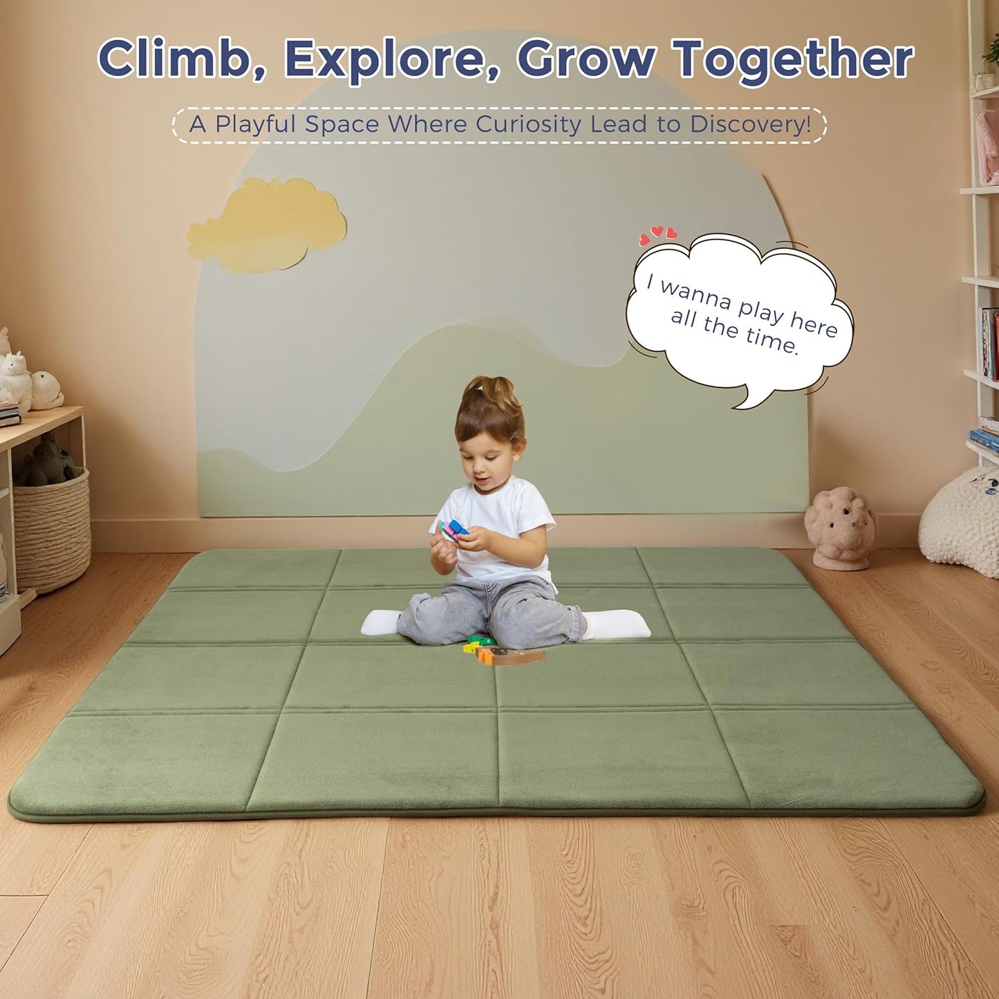 MAXYOYO 1.2" Thick Baby Play Mat for Floor, 49"x 49" Foldable Playpen Mat, Tummy Time Foam Mats Ultra Soft Support,Padded Carpet with Non-Slip Backing for Infant,Kids and Toddler Crawling, Green