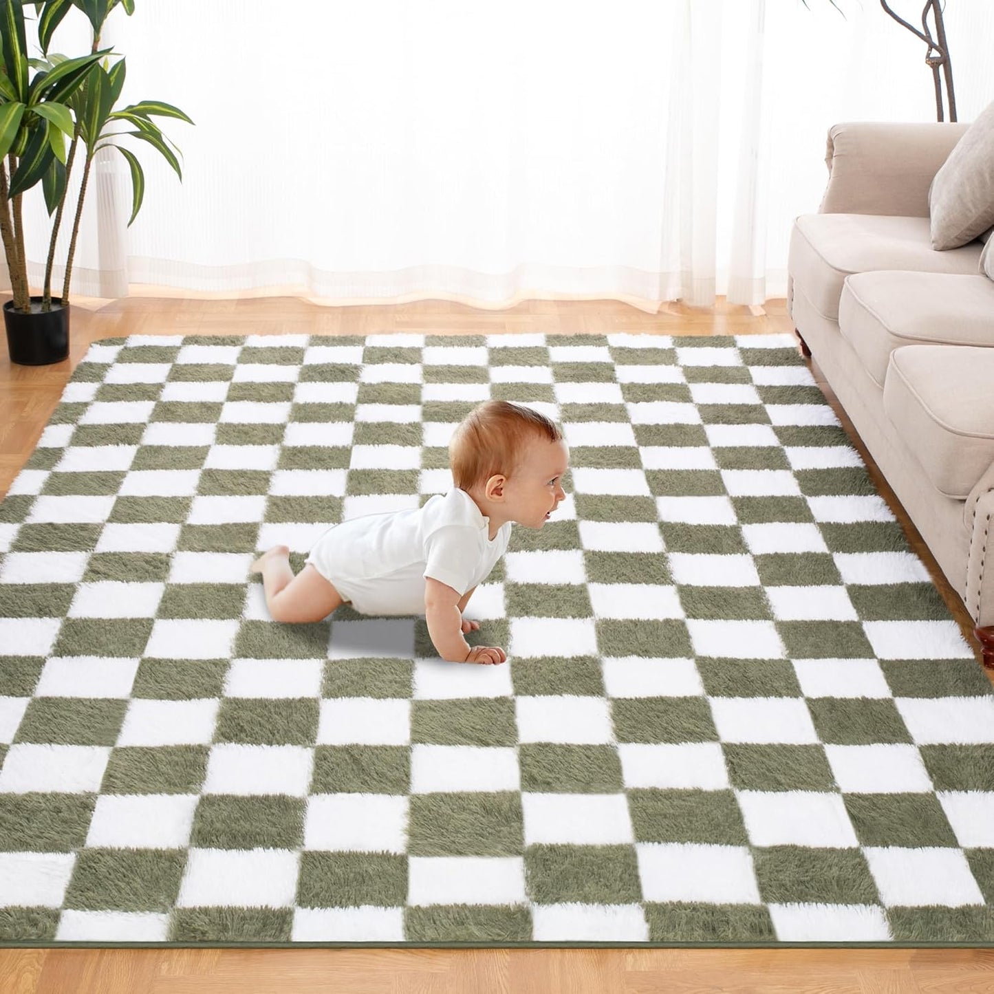 Super Soft Rug for Bedroom, 3x5 Ft Green and White Area Rug Classic Checkered Shaggy Anti-Skid High Pile Soft Fluffy Rug Fuzzy Carpet for Living Room Bedroom Kids Room Nursery, Dorm Home Decor