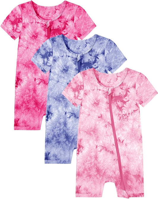 Jimonda Baby Girl Boys Rayon From Bamboo Pajamas 3 Pack Short Sleeve Footless Romper 2 Way Zipper Tie Dye Pjs Sleeper 0-24M