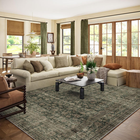 Washable Living Room Area Rug: 9x12 Rugs for Bedroom Vintage Stain Resistant Non Slip Low Pile Large Boho Carpet for Kitchen Dining Room Farmhouse Kids Room Nursery