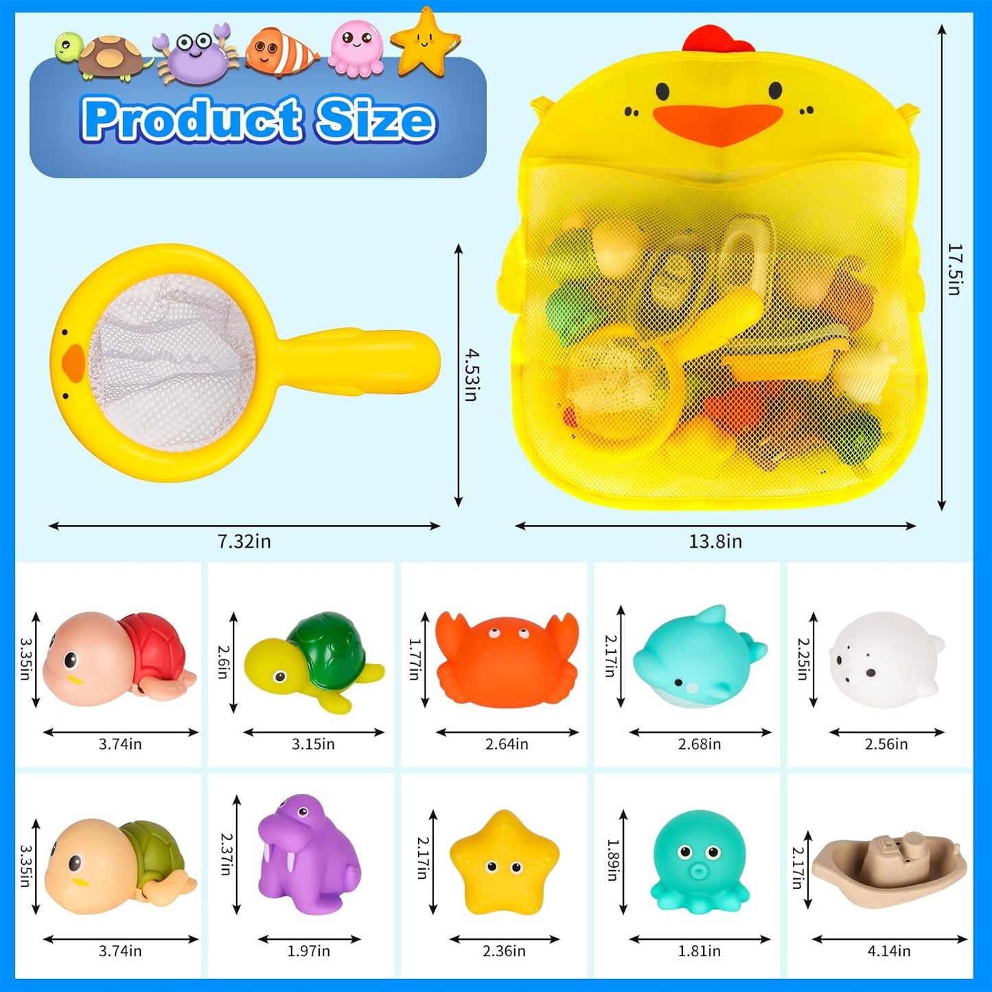 Mold-Free Baby Bath Toys Set 16 Pcs (2 Wind-Up Turtles, 7 No-Hole Sea Animals, 5 Stackable Boats, Fishing Net & Storage Bag) – BPA & Phthalate-Free, Ideal Water Table Baby Pool Toys for Kids Ages 1-3