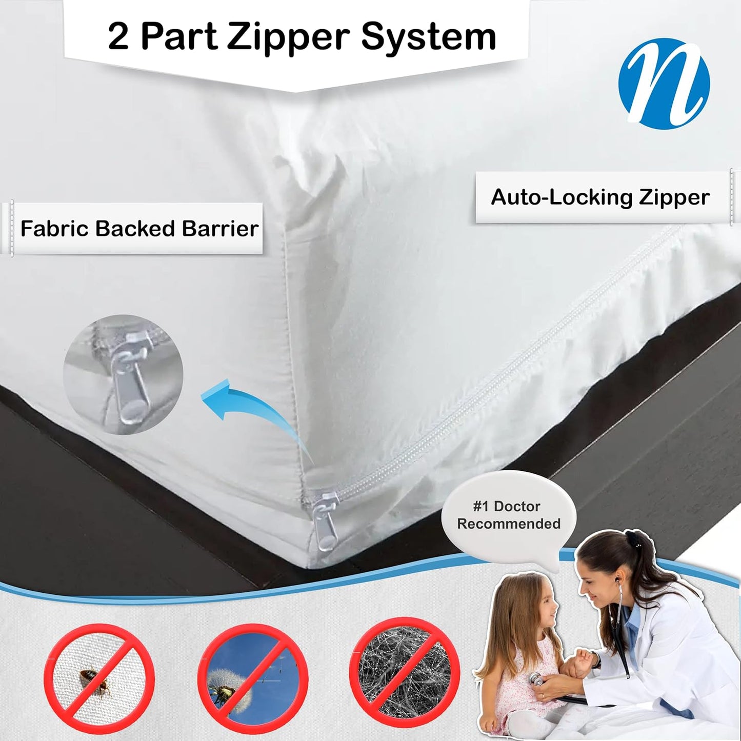 National Allergy Superior 100% Cotton Twin Mattress Protector Zippered - 39" x 75" x 15" - Hypoallergenic Bed Encasement - Breathable Dust Proof Cover - AAFA & Oeko-TEX Standard 100 Certified