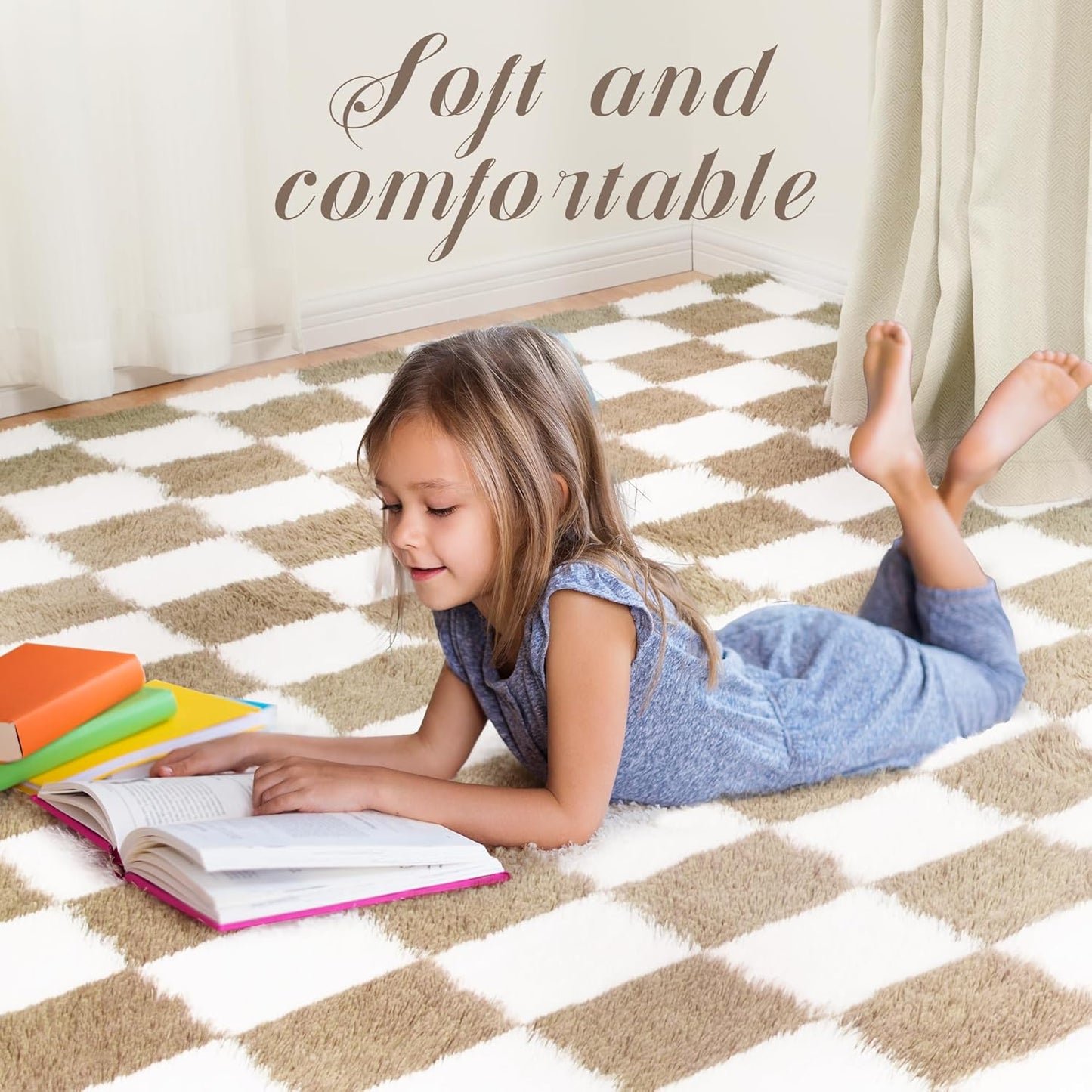 Super Soft Rug for Bedroom, 5x7 Ft Beige and White Area Rug Classic Checkered Shaggy Anti-Skid High Pile Soft Fluffy Rug Fuzzy Carpet for Living Room Bedroom Kids Room Nursery, Dorm Home Decor