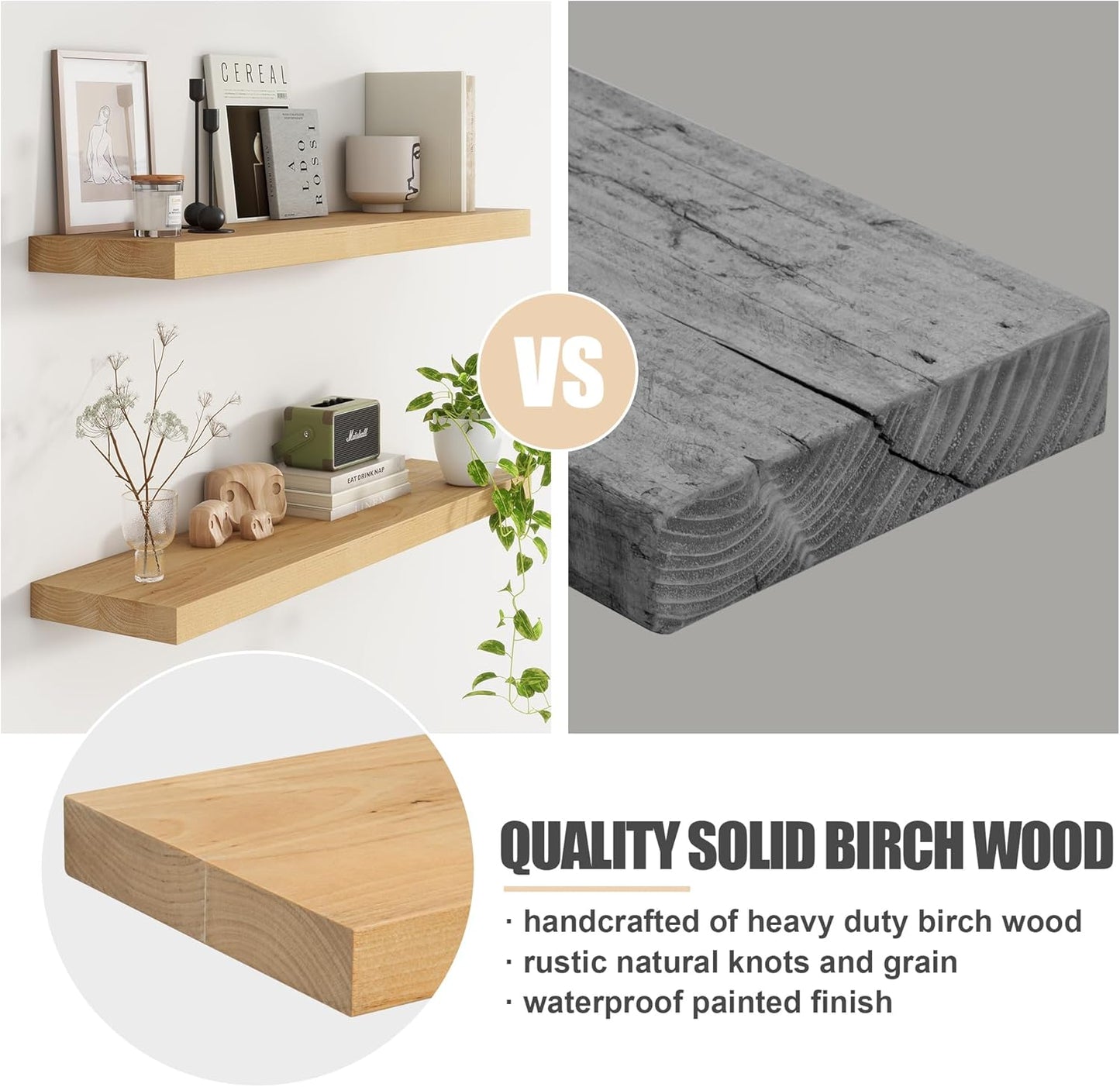 Floating Shelves for Wall, USA-Sourced Brich Wood 36 Inch Long Wall Shelves Set of 2, Natural Wooden Mounted Picture Ledge Shelf, Nursery Book Storage Shelf Kids Bookshelf, Display Shelf