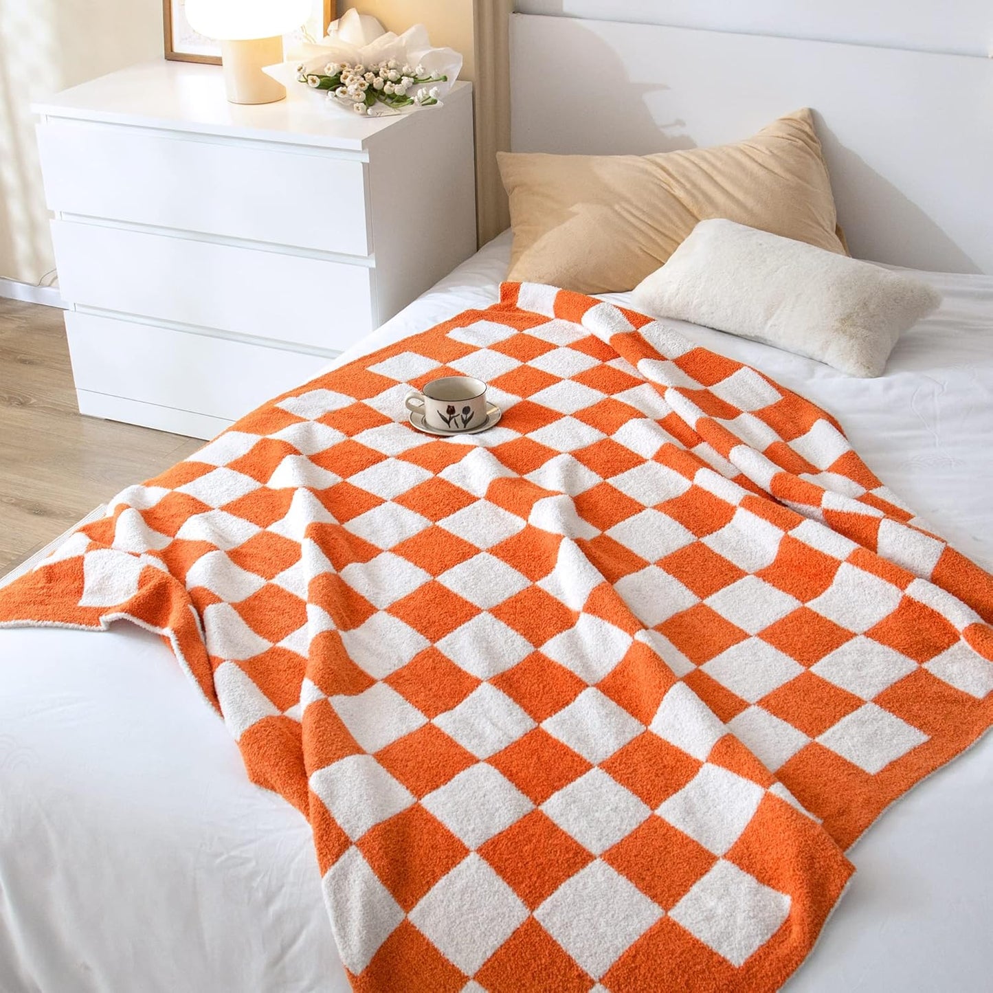 SeaRoomy CheckeredThrow Blanket, Soft Fluffy Microfiber Knit Throw Blanket for Couch Bed, Warm Cozy Reversible Checkerboard Knitted Blanket Room Decor(Burnt Orange, 60"×79")
