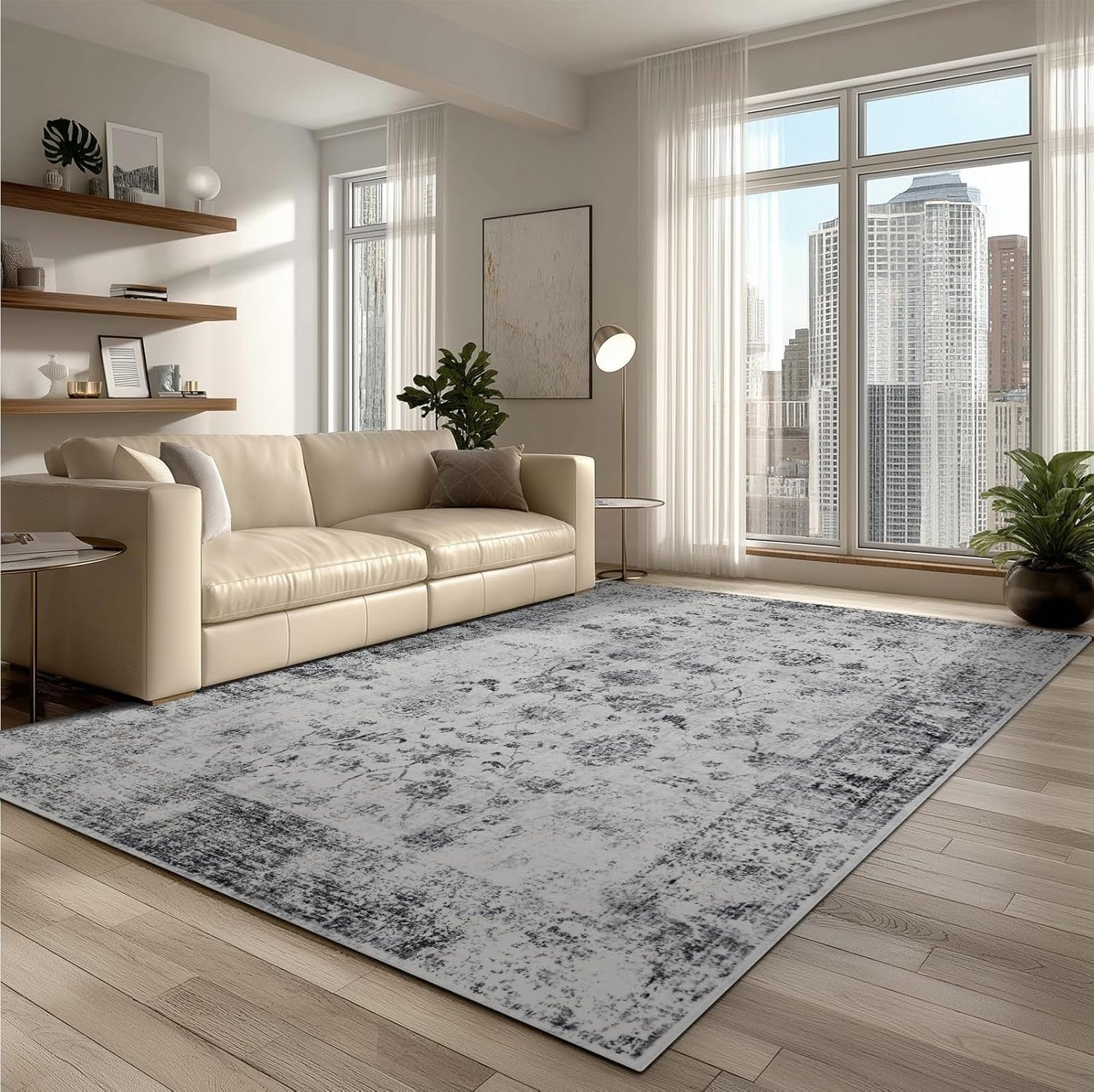 Washable Area Rugs 8x10, Large Rugs for Living Room, Carpet for Bedroom, Soft Faux Wool Retro Dining Room Rug, Non-Slip Backing Resistant Low Pile Vintage Print Rug for Home Office (White/Grey)