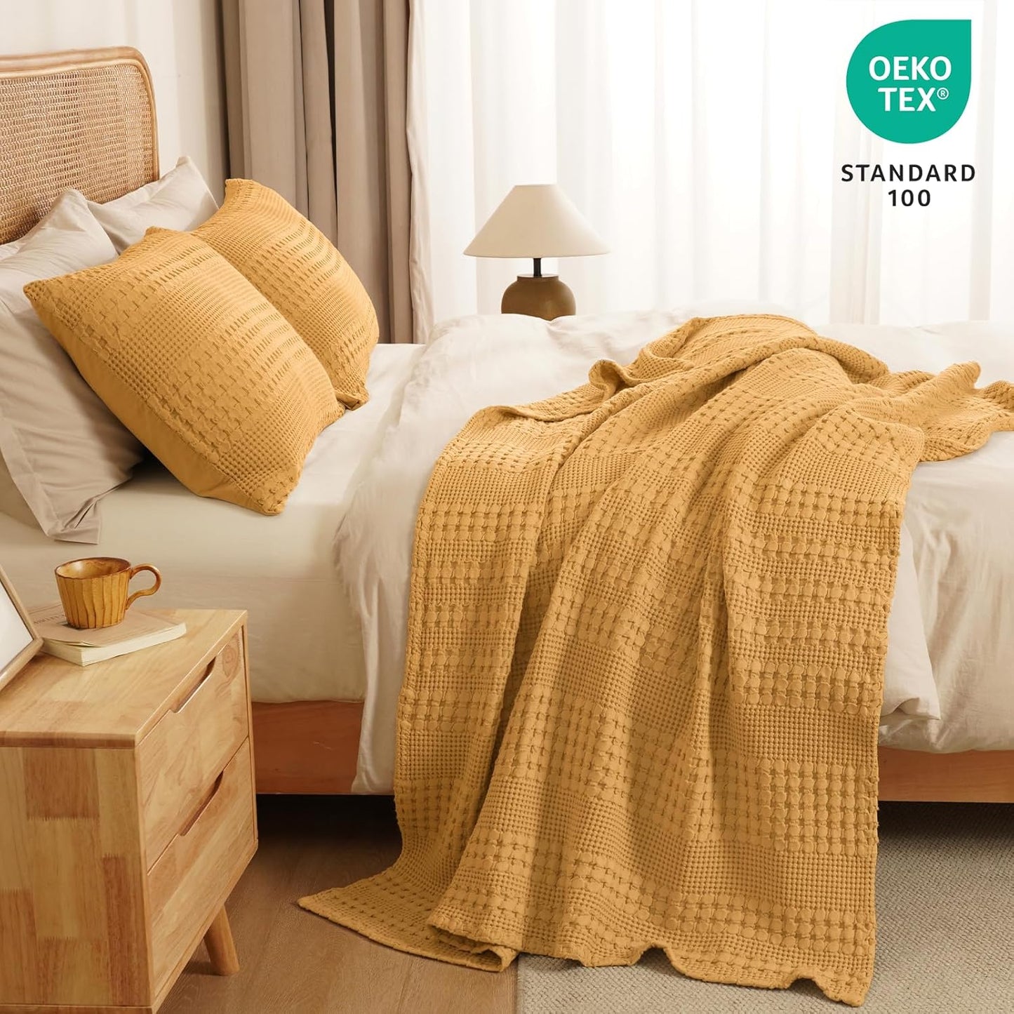 PHF 100% Cotton Waffle Weave Throw Blanket, Soft Lightweight Breathable Cozy Summer Throws for Couch Bed Sofa, Luxury Aesthetic Woven Blanket for Home Decor & Office, 50"x60", Ginger/Honey Yellow