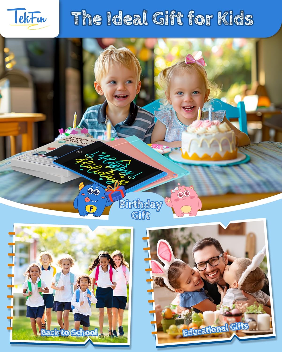 TEKFUN 8.5in 3 Pack LCD Writing Tablet for Kids Coloring Doodle Board Drawing Pad for Kids with Stylus, Educational Toys Birthday Class Bulk School Rewards Gift for 3 4 5 6 7 Kids Toddlers