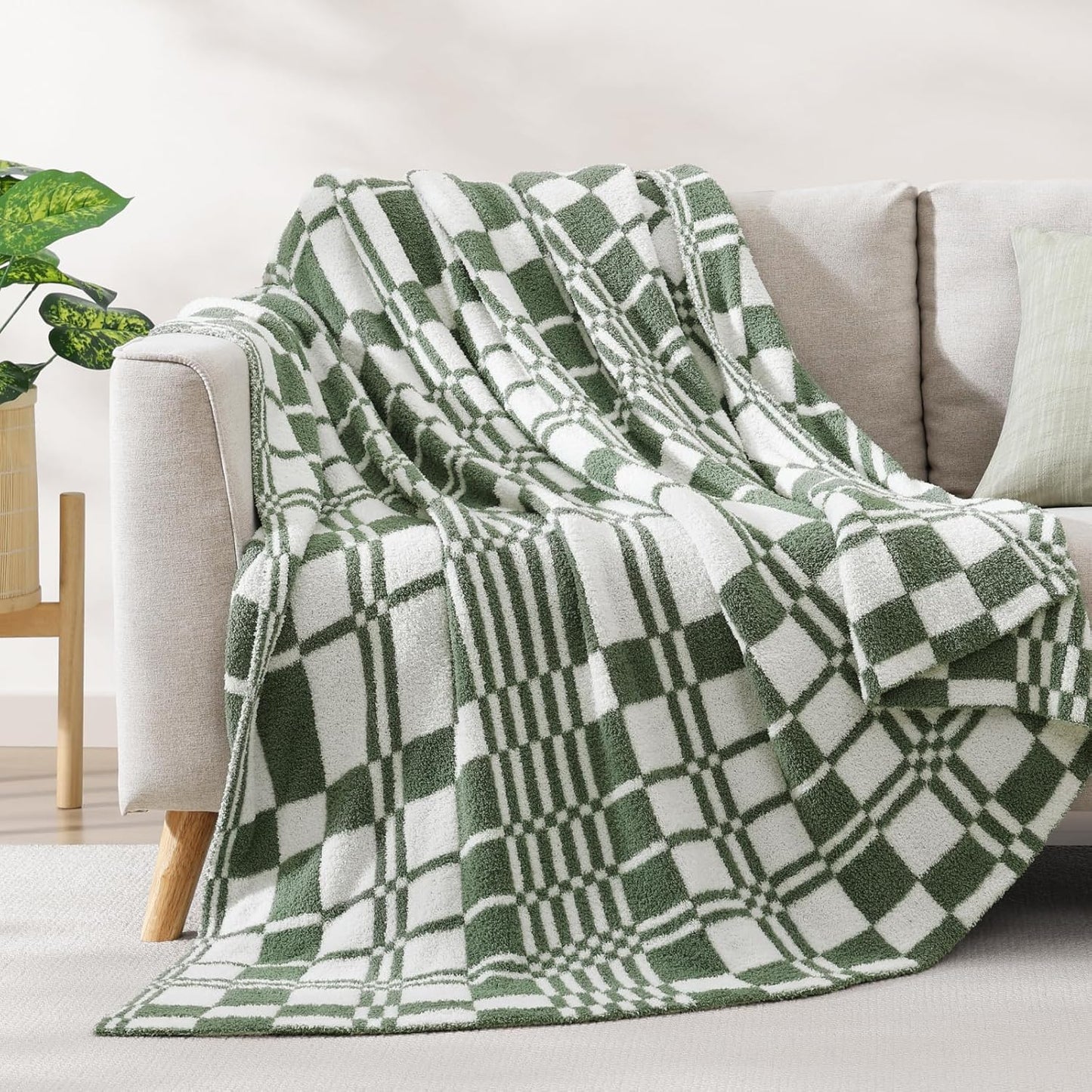 WRENSONGE Checkered Throw Blanket Olive Green Soft Cozy Fluffy Warm Hand Made Weave Throw Blankets for Couch, Sofa, Chair, Bed, Camping, Picnic, Travel Lightweight Bed Blanket - 60"*80"