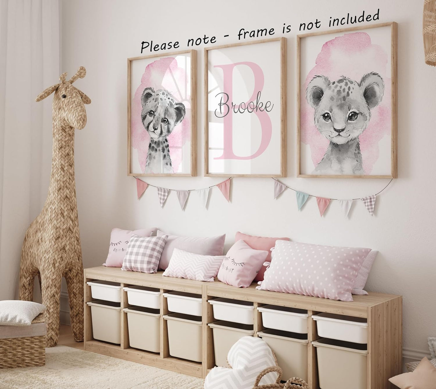 Safari Animals Set of 3 Unframed Poster Prints for Baby Girls Nursery Bedroom Playroom, Personalized Name, Choice of 12 Animals, Pink Purple (12x16)