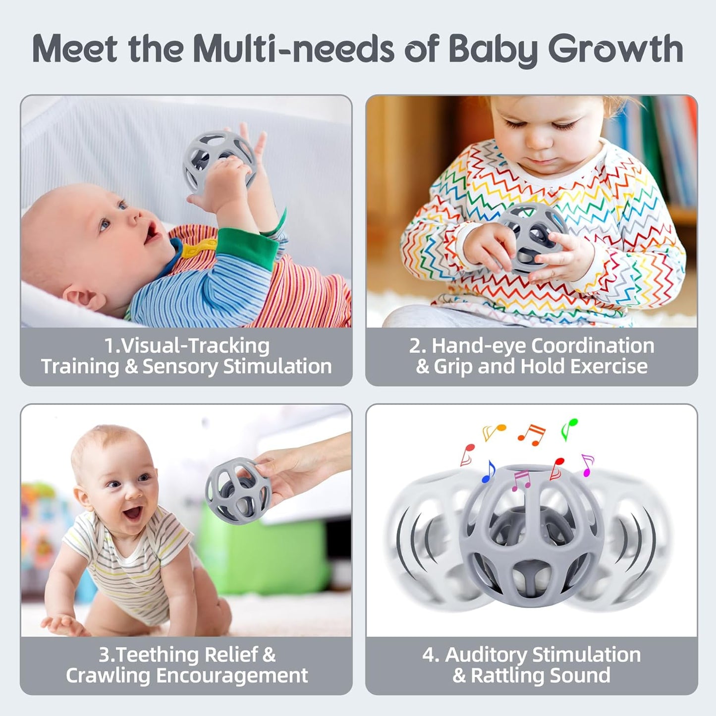 MCGMITT Baby Rattle Teething Toy, Easy Grasp Silicone Infant Ball, BPA Free Non-Toxic Soft Baby Sensory Ball Bath Toy, Motor Skills Toy, Montessori Early Educational Toy, Gift for Age Newborn and Up