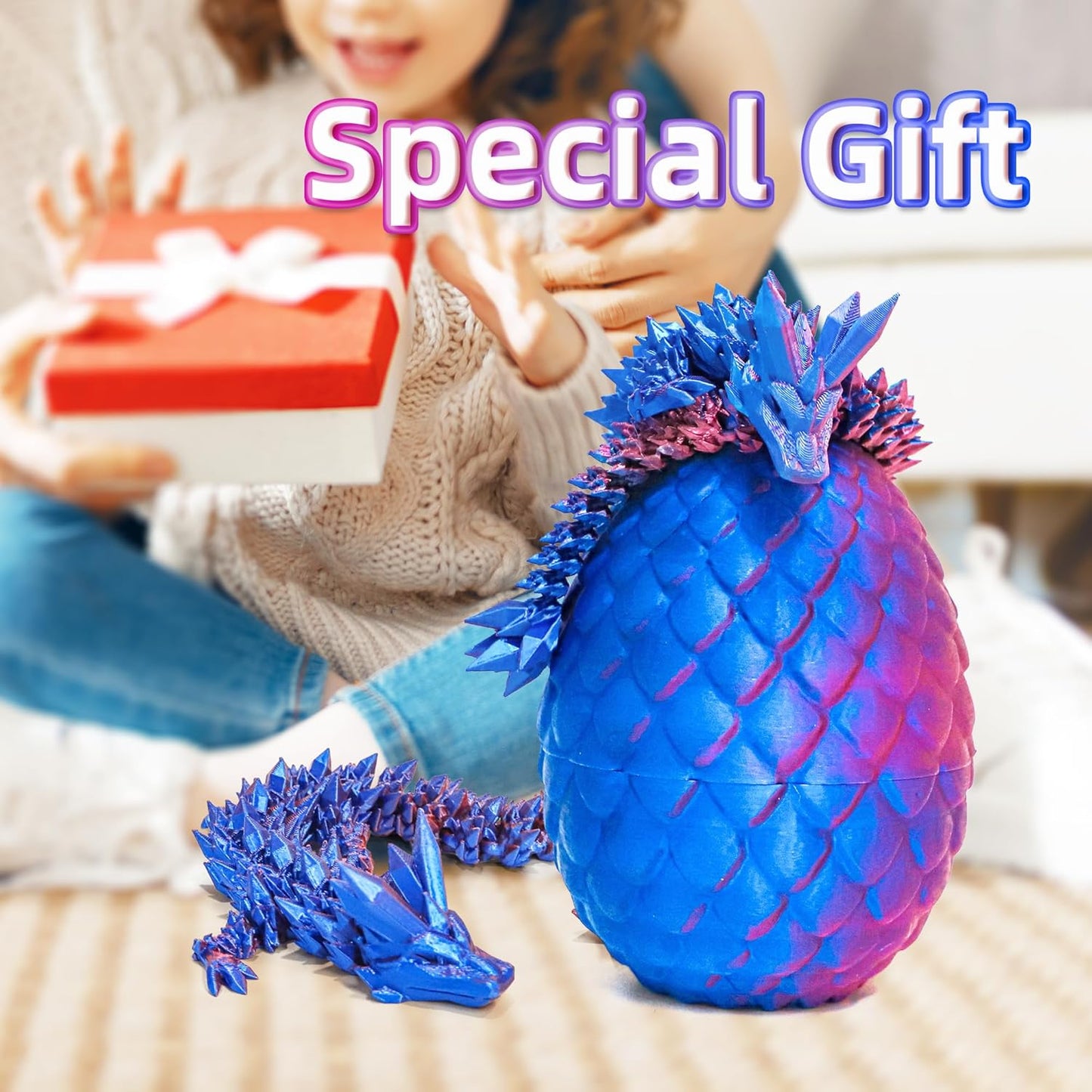 Dragon Egg - 3D Printed Egg with Flexible Dragon Inside, 3D Printed Gift, Articulated Dragon Egg Fidget Toy, Easter Egg ,Figurine Decor (12” Dragon)